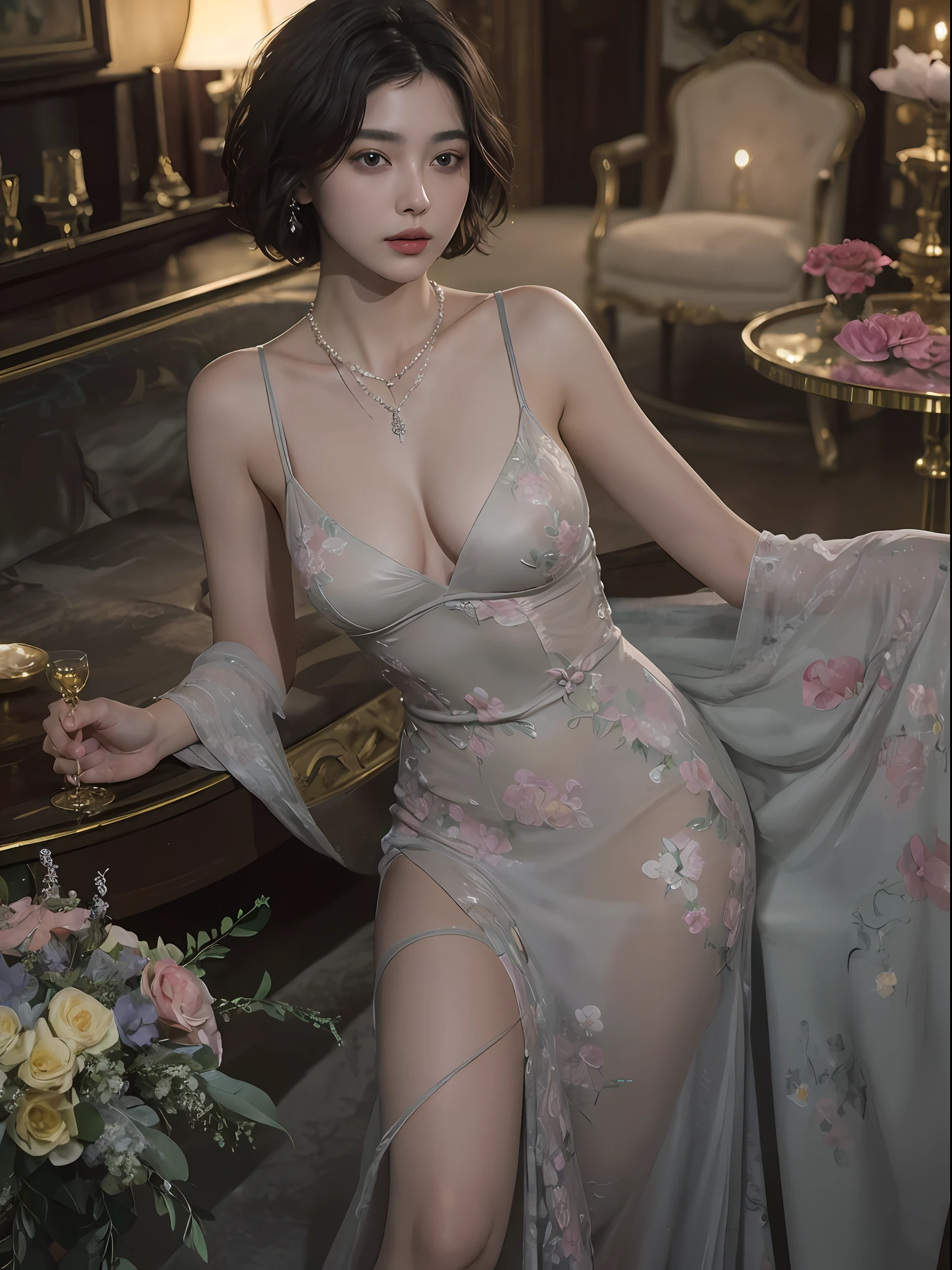 top-quality、​masterpiece、超A high resolution、(Photorealsitic:1.5)、Raw foto、1girl in、murky、deep-shadows、Unobtrusive、cold light、sexy appearance、shorth hair、((very_short_hair))、((Luxury evening dresses))、((Luxurious painting))、((Luxurious necklace))、((Floral hair ornament))、((hair_ornament))