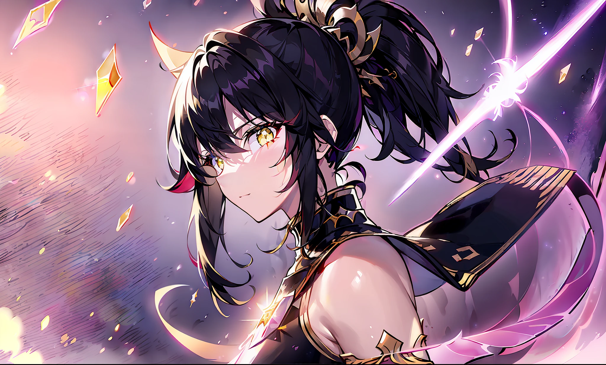 ((Girl)), ((Gorgeous bloody night sky, Background)), (golden blades on the ground) ,((Ultra Definition)), ((Best Illustration)), ((Cinematic)), Dynamic Angle, Floating, Detail, (Glitter: 1.2), (Shine: 1.2), (Shine: 1.2), Classic, (Paint: 1.1), (Sketch: 1.1), (Best Quality), (Masterpiece: 1.2), (Anime-style), ( Solo), Beautiful Detail Face, (Big Eyes: 1.3), black Hair, (ponytail Hair: 1.2), (Floating Hair: 1.2), (Shining Sword: 1.3), (Magic Effects: 1.3),full body, (black and red samurai armor), (yellow eyes) , (yellow horns) , (crystal blades floating around her), splash art