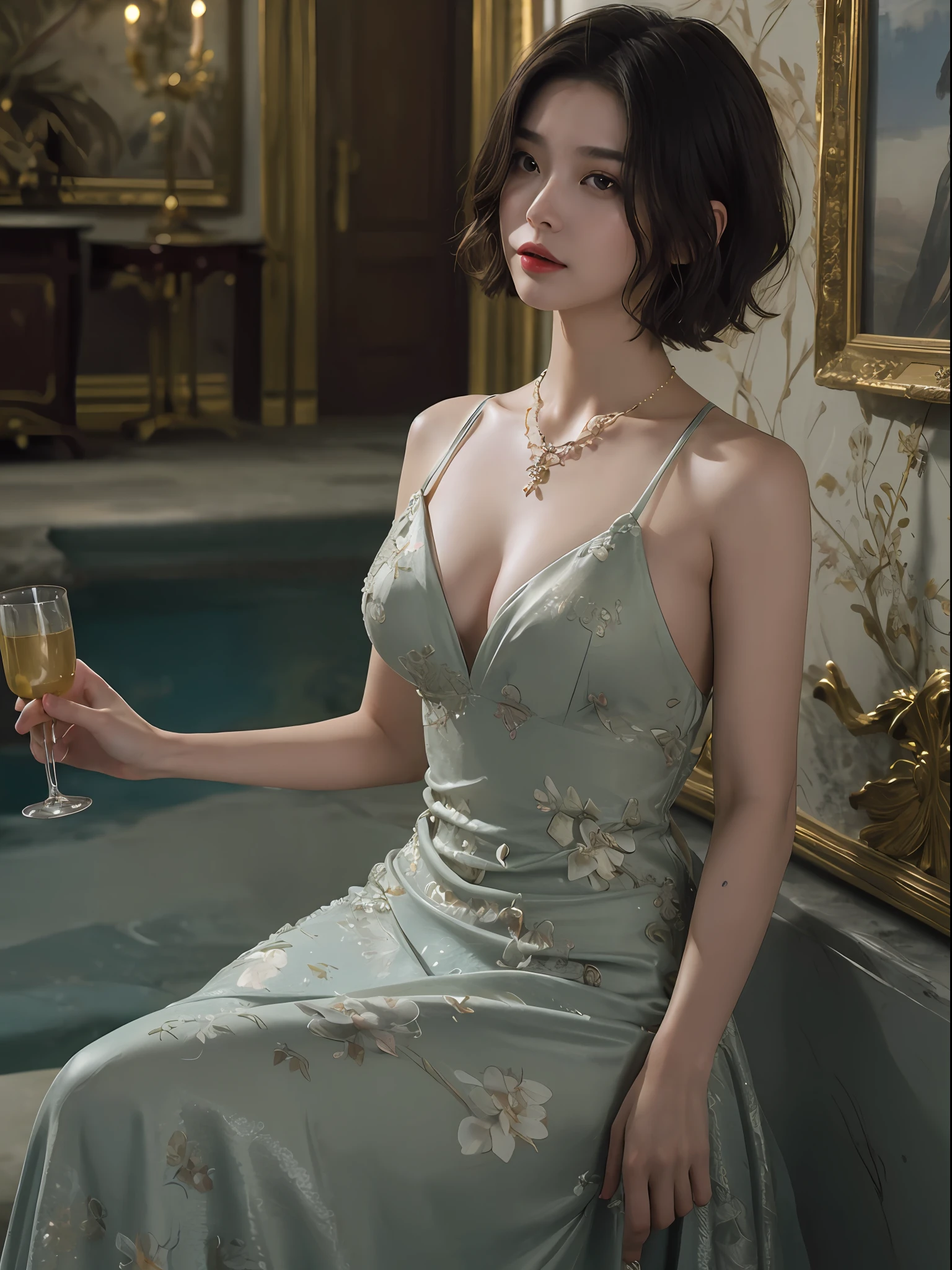 top-quality、​masterpiece、超A high resolution、(Photorealsitic:1.5)、Raw foto、1girl in、murky、deep-shadows、Unobtrusive、cold light、sexy appearance、shorth hair、((very_short_hair))、((Luxury evening dresses))、((Luxurious painting))、((Luxurious necklace))、((Floral hair ornament))、((hair_ornament))