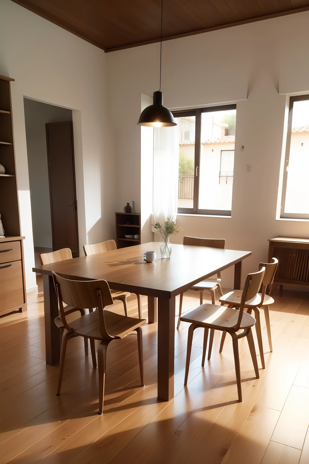 There is a table with chairs and a lamp on it, Dezeen, Furniture and decoration, mesa de jantar, Japãodi, Design escandinavo, mesas e cadeiras, mesas de madeira, V - Raio, Raio V, wooden furniture, mesa de jantar, wood furnishings, mesa de madeira, multidimensional, cadeiras e mesas, Minimalist furniture, Rengen, Tabelas