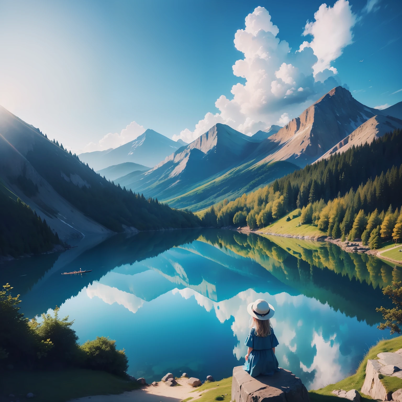Blue lake many fish much beauty the sun illuminating the sea much brightness much beauty total quality realistic photo 4q masterpiece a hill and a beautiful blue lake in the middle and the cute little girl looking at the blue lake in the middle of the Hills a lot of beauty a lot of light magical landscape demonstrating beauty reality joy happiness environment full of peace of love of joy the magical world
