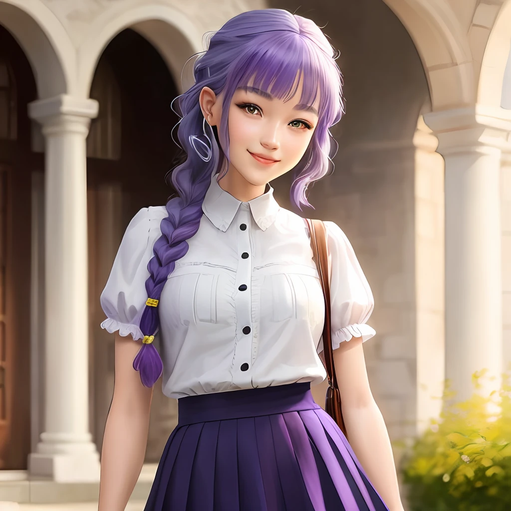 Double braid,Purple colored hair,a skirt,ssmile,tmasterpiece,Impeccable