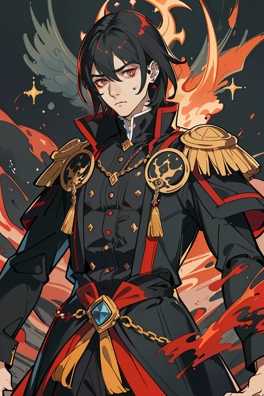 Tall man. A mysterious and dark character, whose presence exudes an ominous aura. It has a black color, As a resin, hairsh, piercing redness of the eyes, A debilitating scarlet glow;. Men's clothing of the 18th century, black with scarlet inserts. Who carried out the order to kill an influential person. He has a blade in his hands, sprinkled with fresh blood;. s face, who does not express emotions.