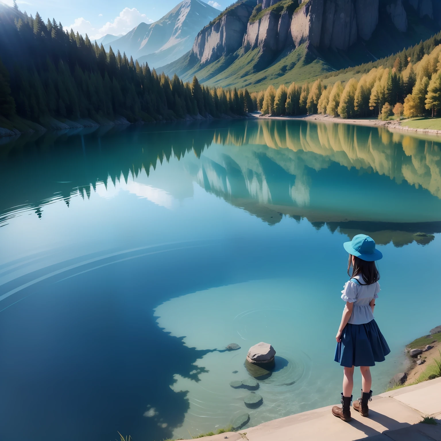 Blue lake many fish much beauty the sun illuminating the sea much brightness much beauty total quality realistic photo 4q masterpiece a hill and a beautiful blue lake in the middle and the cute little girl looking at the blue lake in the middle of the Hills a lot of beauty a lot of light magical landscape demonstrating beauty reality joy happiness environment full of peace of love of joy the magical world