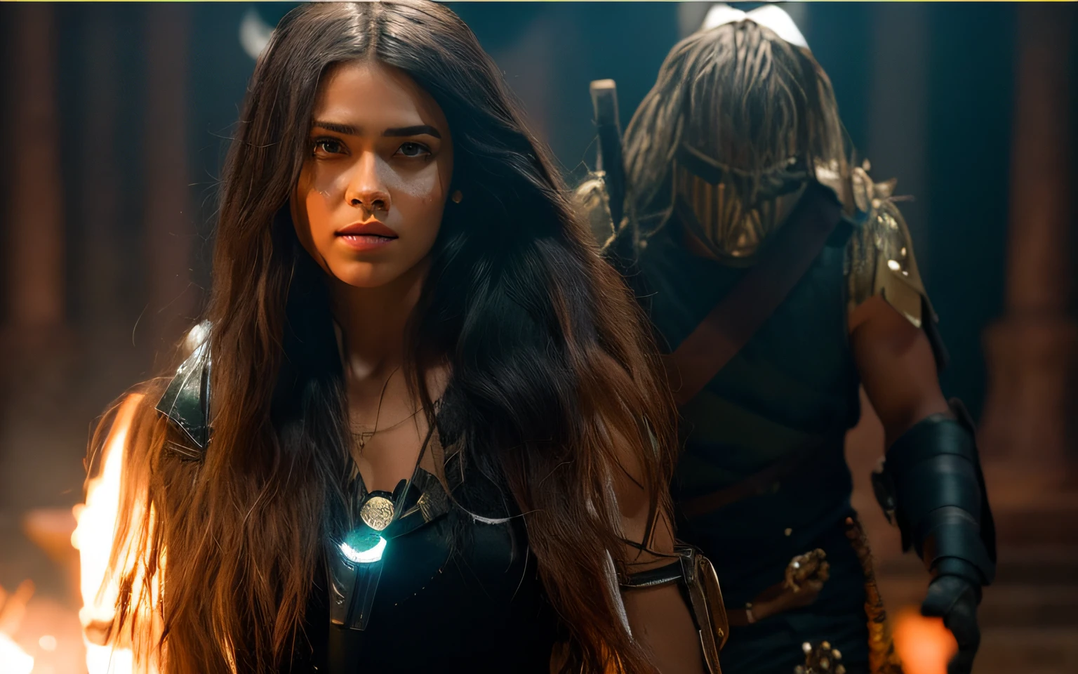 a closeup of a woman with a knife and a man with a mask, menina guerreira, princesa guerreira, Madison Beer como Leeloo, Feiticeira, Pocahontas, salma hayek as a barbarian, personagem do filme, Warrior Woman, Alita anjo de batalha, Anjo de batalha Alita, imagem promocional do filme, elegante, Filme ainda de ciborgue asteca