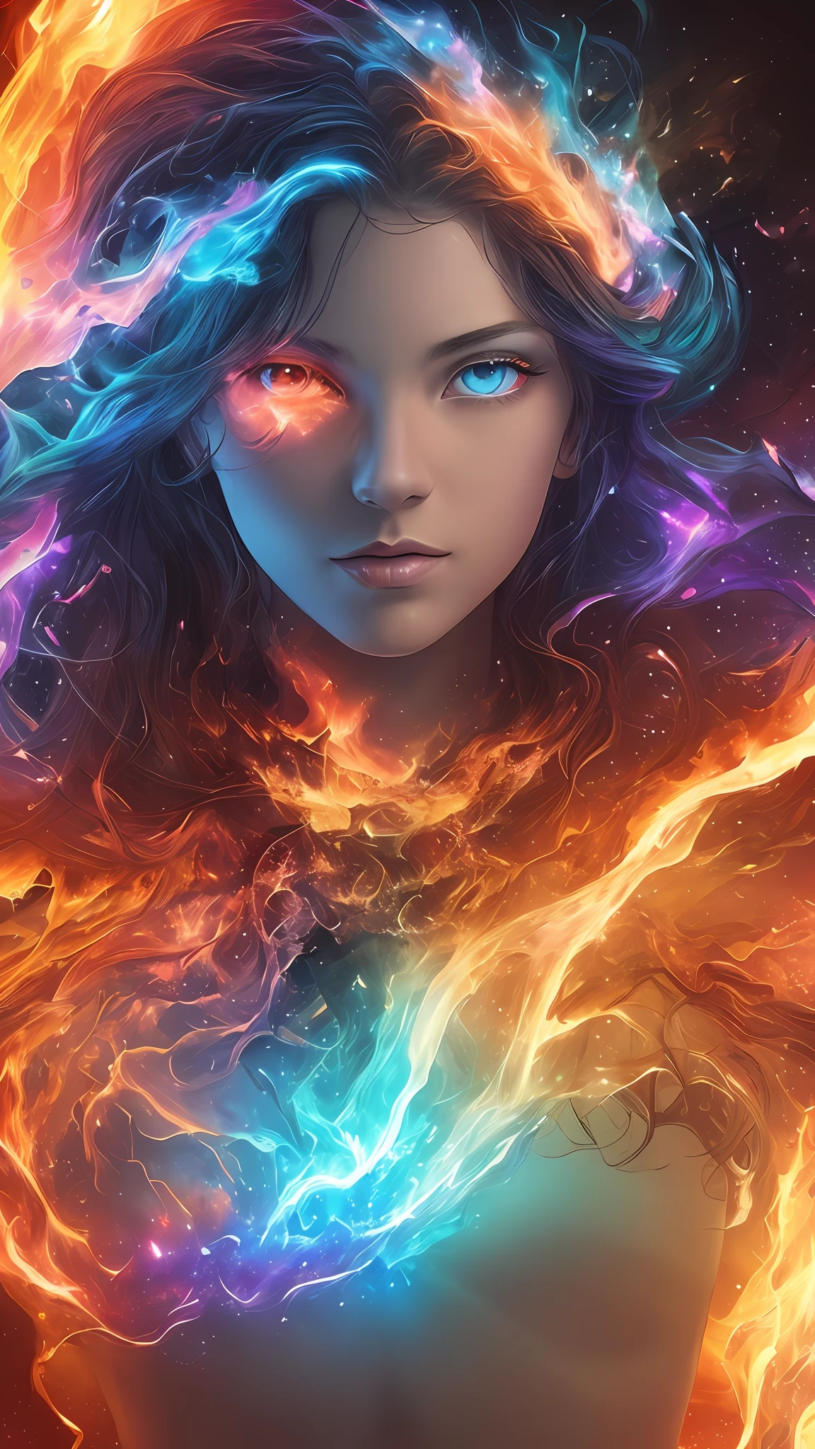 An incomprehensible and spectacular scene from a glowing cloud,  A elemental girl [fire:ice:0.5], (orange fire and blue ice eyes), (fire and ice face), 3D, rich colors, (no human:1.5), (dynamic face), filaments of fractal nebula, Cosmic entities, celestial, Space, Bright and bright, Turns, whirling, unreal, high contrast, symbolic, Magic, mysticistic, Mystification, Hyper-realistic, oversaturated, Colorful