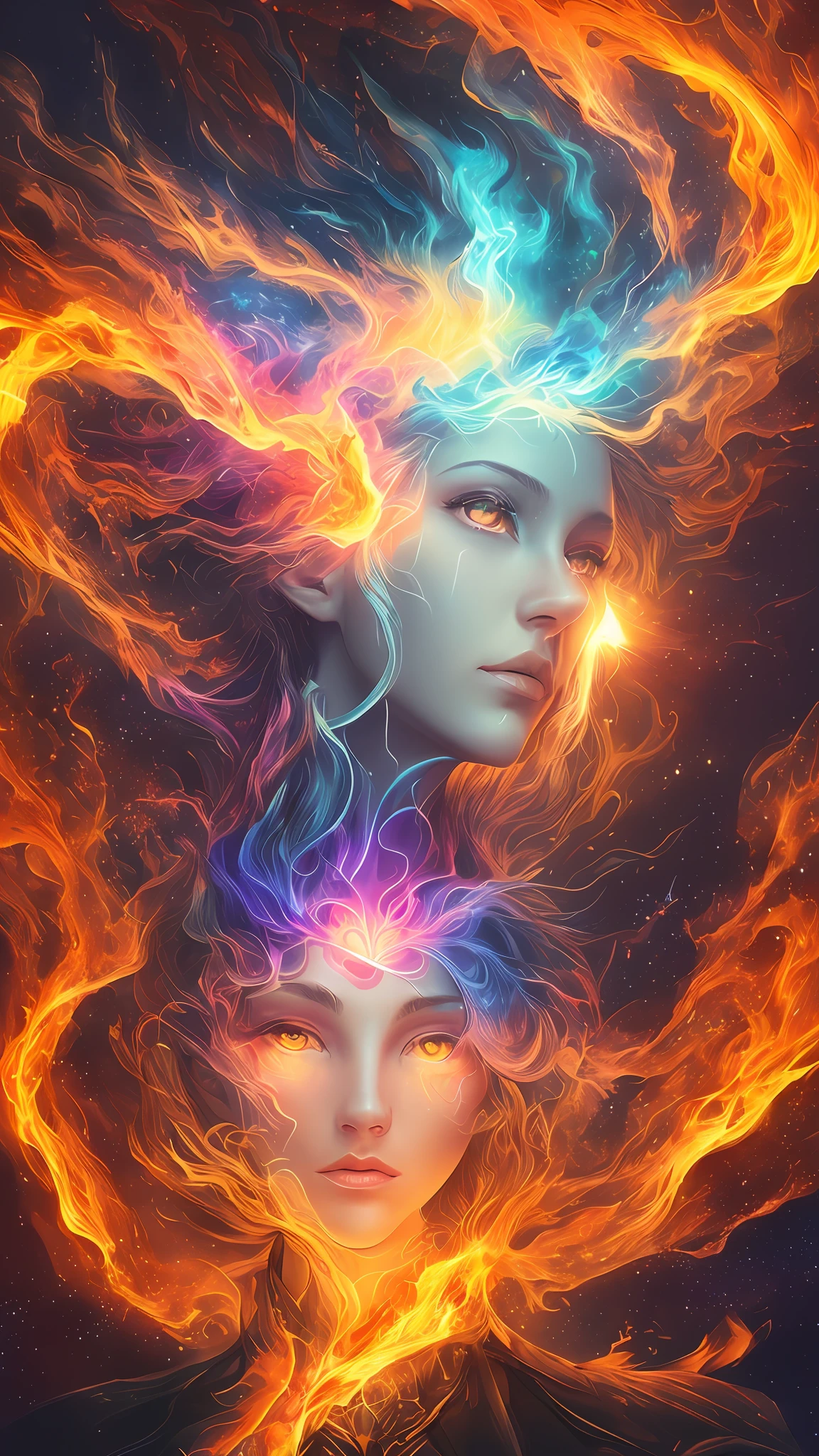 An incomprehensible and spectacular scene from a glowing cloud,  A elemental girl [fire:ice:0.5], (orange fire and blue ice eyes), (fire and ice face), 3D, rich colors, (no human:1.5), (dynamic face), filaments of fractal nebula, Cosmic entities, celestial, Space, Bright and bright, Turns, whirling, unreal, high contrast, symbolic, Magic, mysticistic, Mystification, Hyper-realistic, oversaturated, Colorful