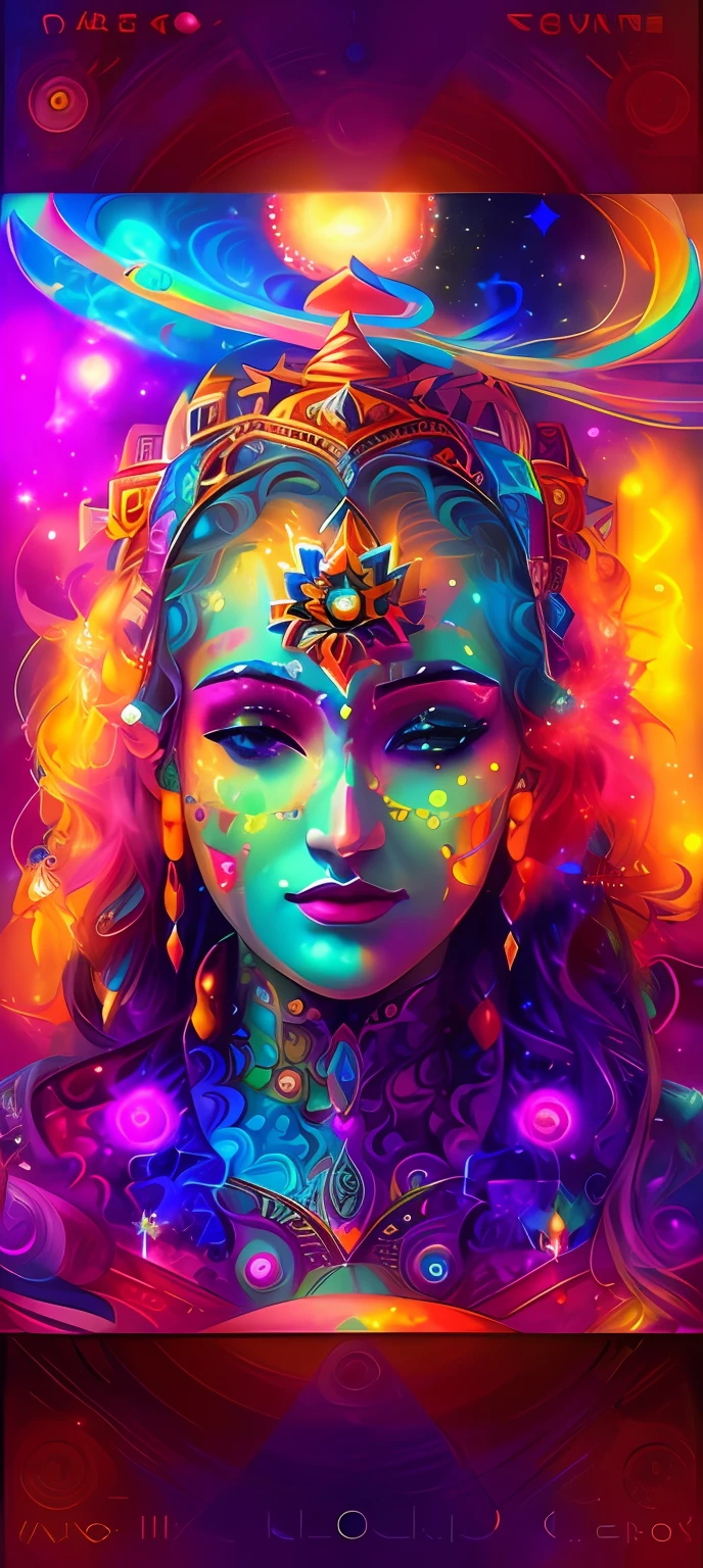 a close up of a woman with a head full of colorful lights, portrait of a cosmic goddess, cosmic goddess, psychedelic goddess, dmt goddess, a stunning portrait of a goddess, goddess of space and time, goddess portrait, goddess of galaxies, psytrance artwork, portrait of a beautiful goddess, goddess close-up portrait, goddess art, visionary art style