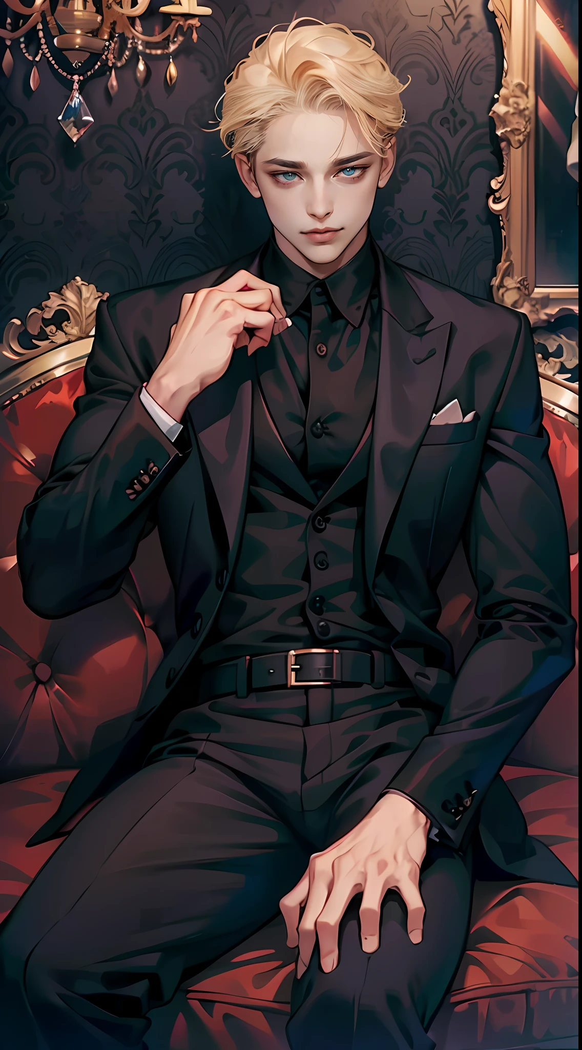 (tmasterpiece, high resolution, ultra - detailed:1.0), (1boy, Young male), Perfect male body, Eyes look at the camera, Delicate eyes and delicate face, Extremely detailed CG, Unity 8k wallpaper, Complicated details, solo person, Detailed face, (with short golden hair, Forehead exposed, Black suit, Black shirt, 3-piece-suit, Sit on the sofa in a luxurious room), (Evil smile), Male model,(Mafia theme), color difference, Depth of field, dramatic shadow, Ray tracing, Best quality, offcial art, Portrait,Dark wallpaper,