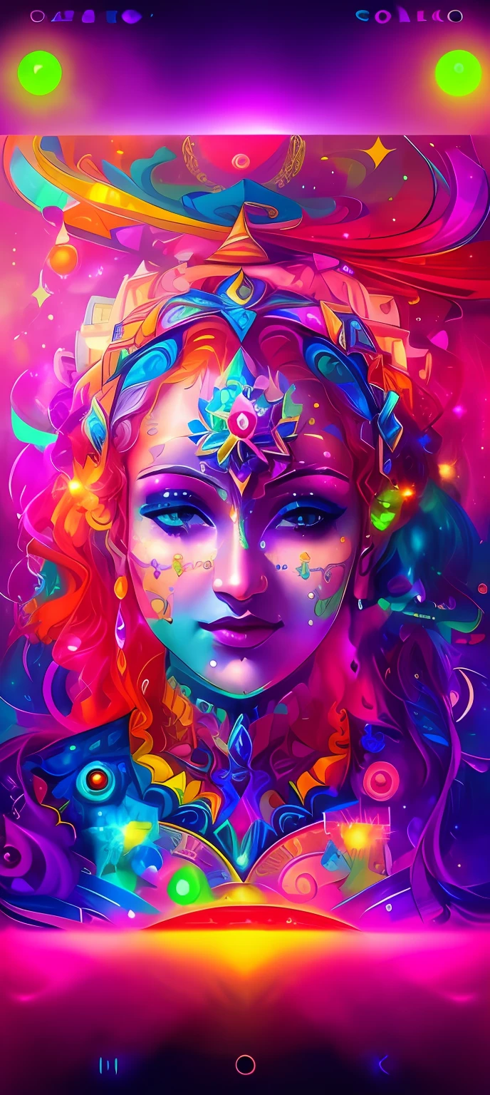 a close up of a woman with a head full of colorful lights, portrait of a cosmic goddess, cosmic goddess, psychedelic goddess, dmt goddess, a stunning portrait of a goddess, goddess of space and time, goddess portrait, goddess of galaxies, psytrance artwork, portrait of a beautiful goddess, goddess close-up portrait, goddess art, visionary art style