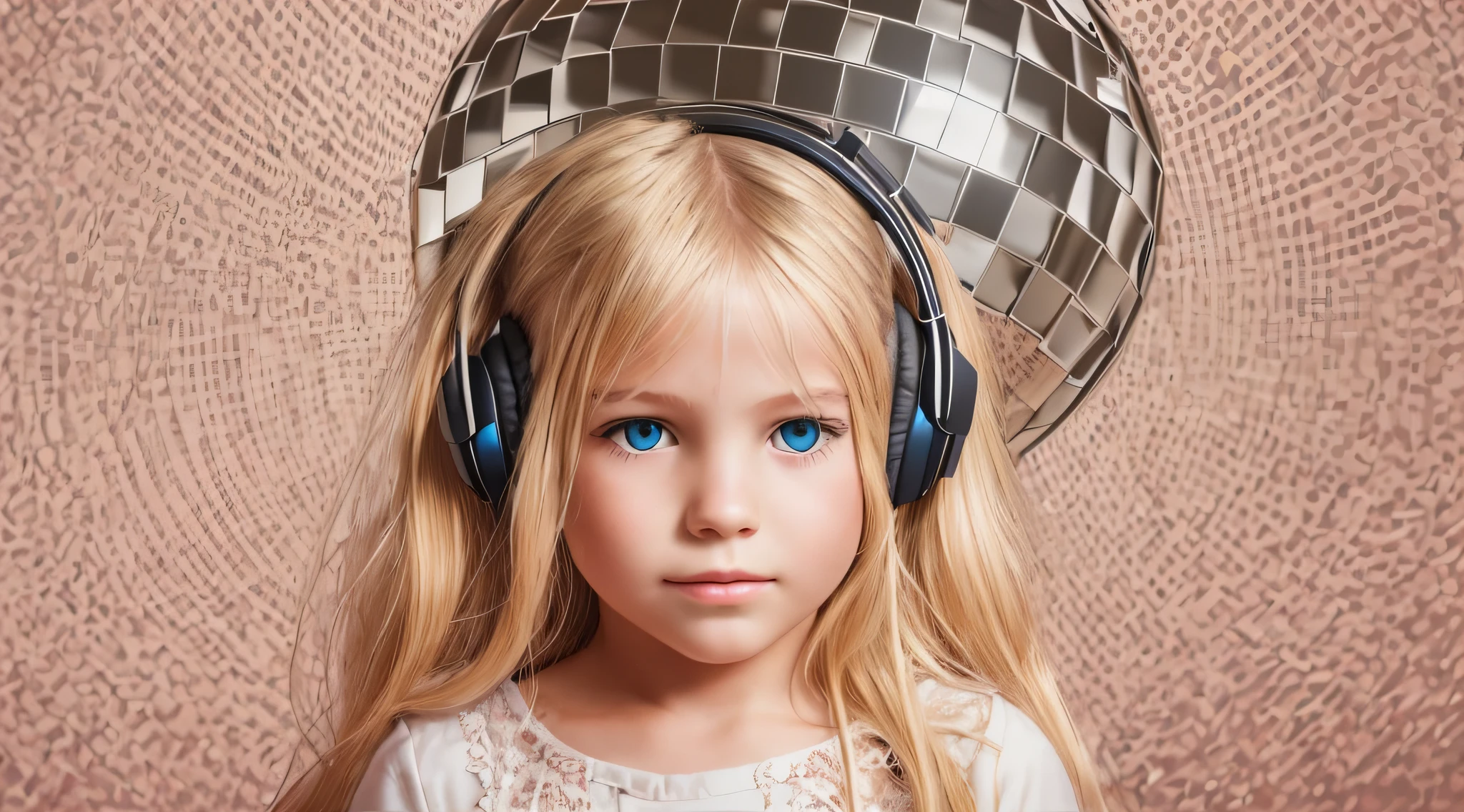 CHILD BLONDE LONG HAIR USING a headphone , segurando uma disco ball