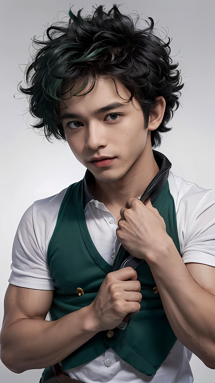 (foto realista: 1.4), (hiper realista: 1.4), (realista: 1.3), (Smoother lighting: 1.05), (increase the quality of cinematic lighting: 0.9), 32K(Aumentar a beleza da textura da pele: 1,1 , horikoshi kouhei, 1boy, absurdres, midoriya izuku, ombros nus, garoto 16 anos , regata preta, cabelo verde, olhos verdes, sobrancelhas, sardas, sofundo desfocado, boku no hero academia, cabelo encaracolado, highres, olhando para longe, foco masculino, muscular, masculino musculoso, boca aberta, olhos vermelhos, cabelo curto, cabelo cravado, suor, regata,