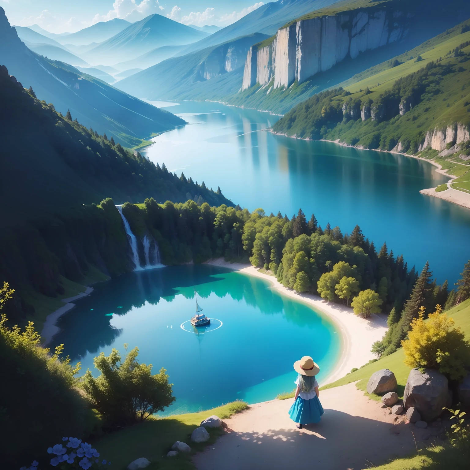 Blue lake many fish much beauty the sun illuminating the sea much brightness much beauty total quality realistic photo 4q masterpiece a hill and a beautiful blue lake in the middle and the cute  girl looking at the blue lake in the middle of the Hills a lot of beauty a lot of light magical landscape demonstrating beauty reality joy happiness environment full of peace of love of joy the magical world