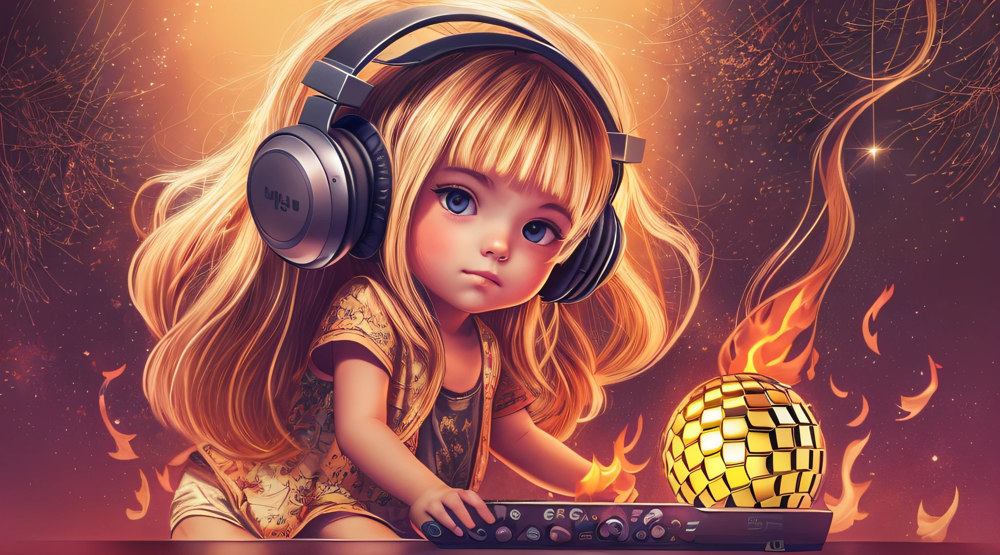 CHILD BLONDE LONG HAIR USING a headphone , fire, segurando uma disco ball