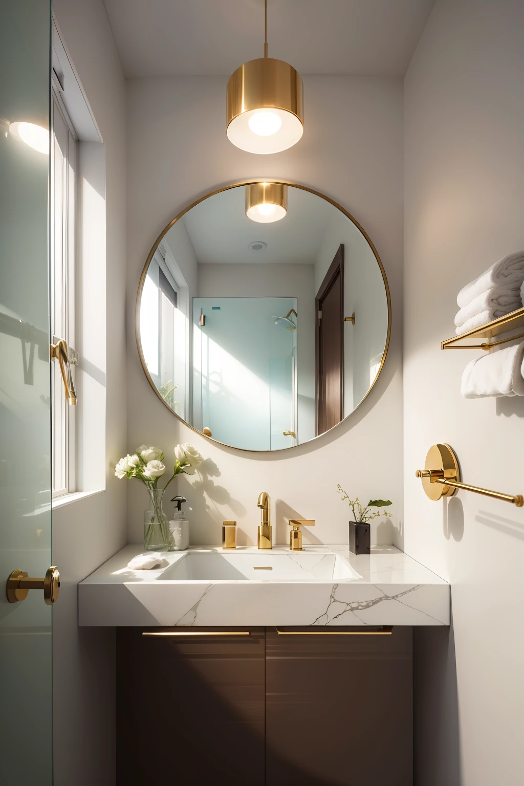 a closeup of a bathroom with a sink and a shower, banheiro moderno, design de banheiro premium, marble and wood and glass, Directed by: Konrad Witz, ouro e materiais de luxo, visual moderno, mirror and glass surfaces, arredores detalhados, smooth marble surfaces, linhas limpas simples, preenchido com luz natural, Brass tubes on the walls, interior de uma casa de banho