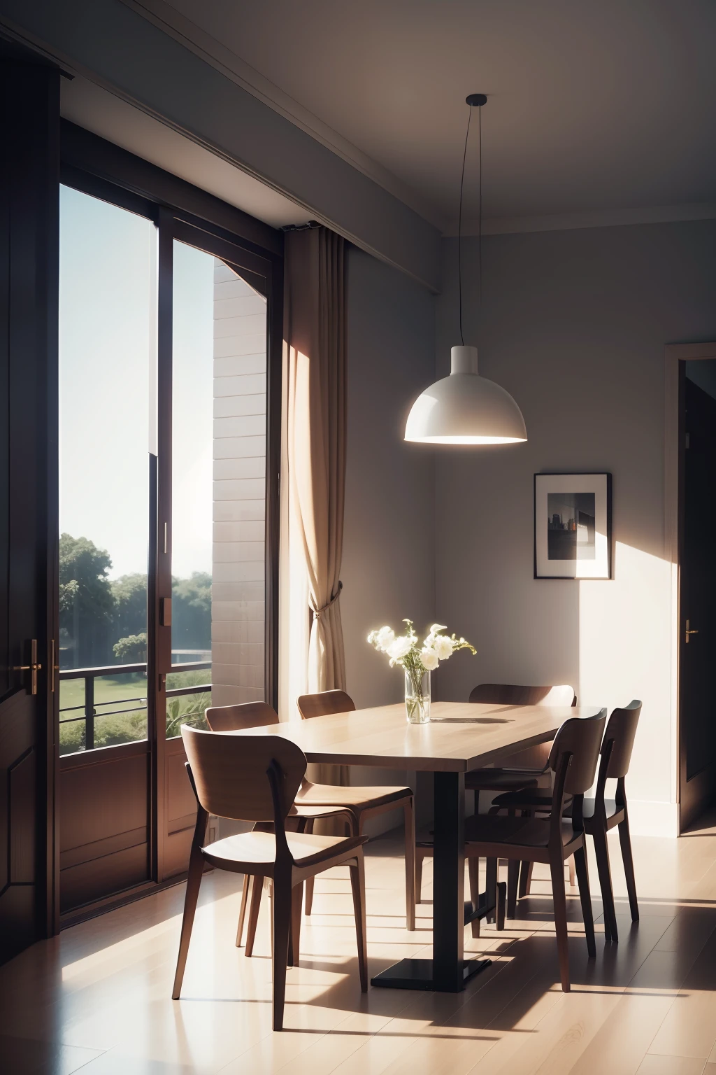 There is a dining room with a table and chairs, inspirado em David Chipperfield, award winning render, Archviz, renderizado em corona, Directed by: David Chipperfield, architectural visualisation, high render, detailed archviz render, stunning render, realistic physics rendering, high-quality render, award winning render, bright render, Casa Japonesa