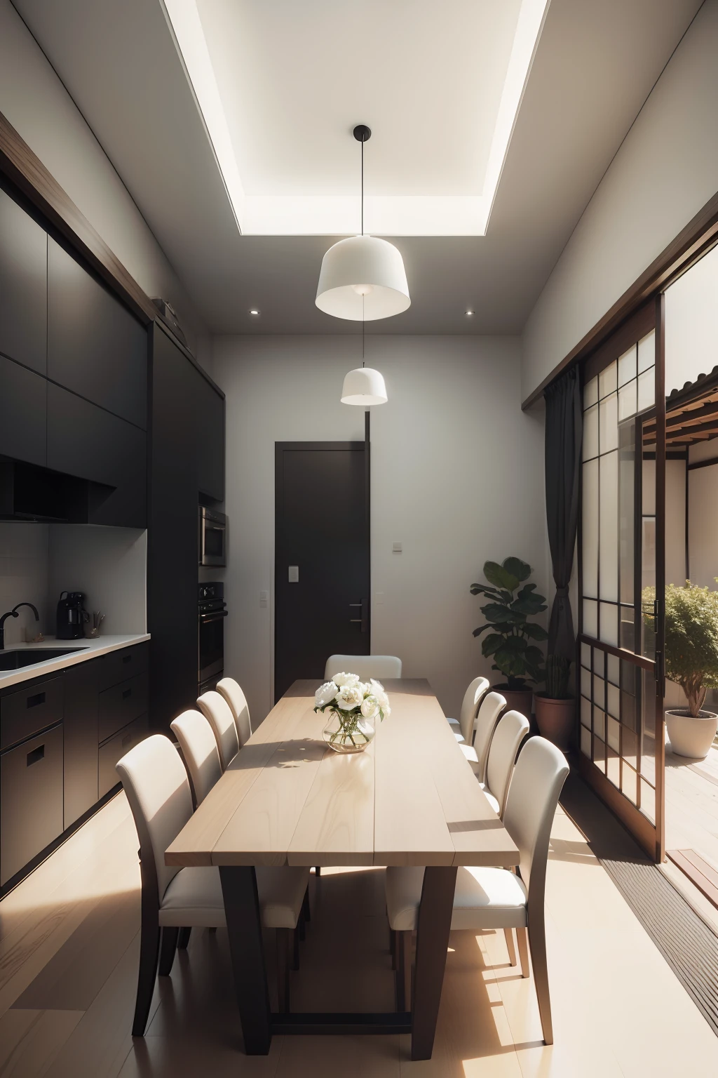There is a dining room with a table and chairs, inspirado em David Chipperfield, award winning render, Archviz, renderizado em corona, Directed by: David Chipperfield, architectural visualisation, high render, detailed archviz render, stunning render, realistic physics rendering, high-quality render, award winning render, bright render, Casa Japonesa