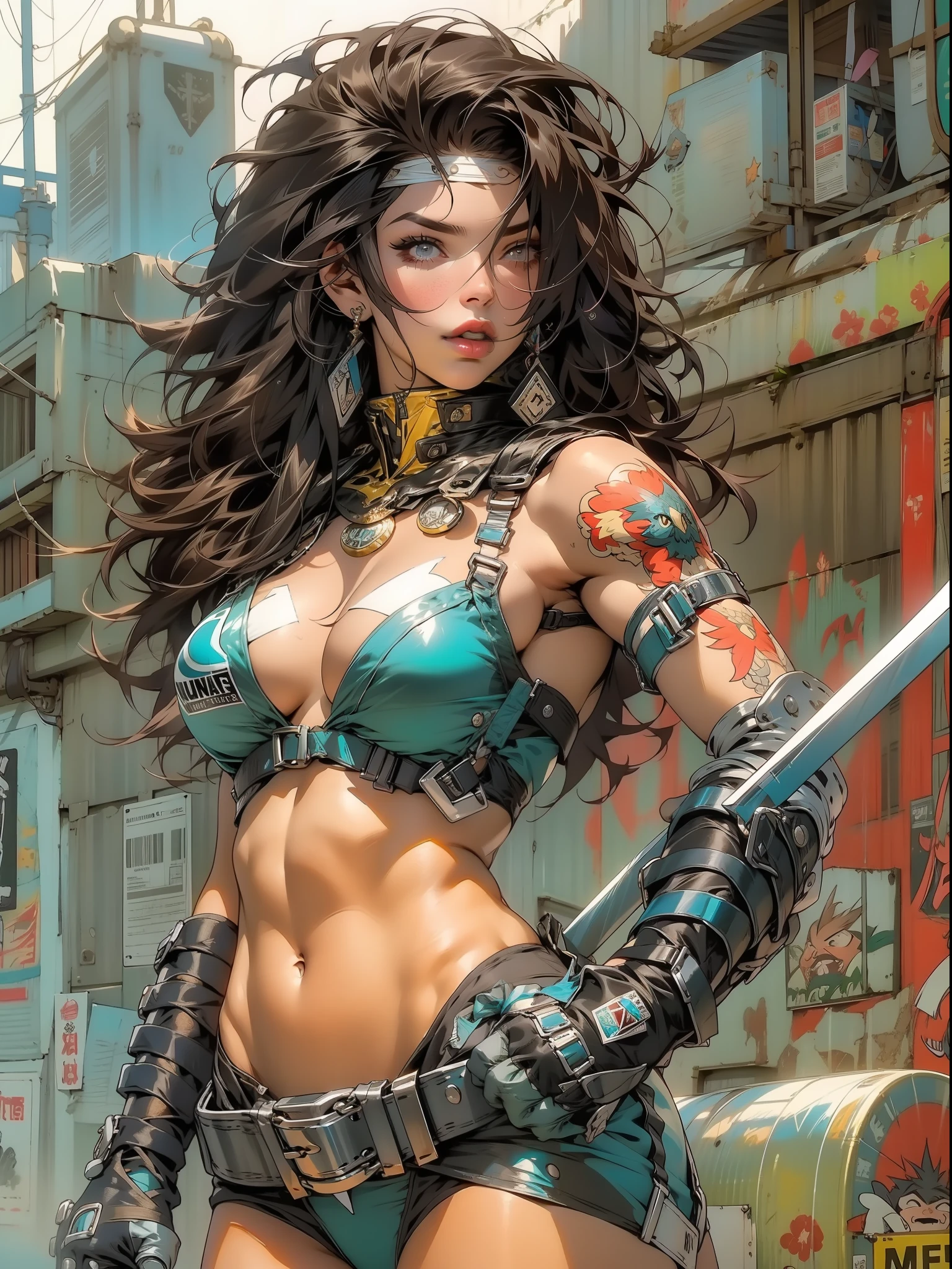 (((mulher))), (((melhor qualidade))), (((obra prima))), (((adulta))), Uma guerreira mulher de 35 anos com corpo perfeito, Brooklyn Gladiators, hand with steel gloves and metal tips, (( under boobs )), quase nua no estilo selvagem urbano de Simon Bisley para a capa da revista Heavy Metal, bionic hand, cabelo moicano colorido, Minimum clothing, armadura (azul escuro com estrelas brancas e vermelho com listras brancas), cheio de pontas e rebites manchadas de tinta, tatuagem de estrelas de 5 pontas, (((corpo inteiro))), cabelo preto curto com franja branca cobrindo a testa