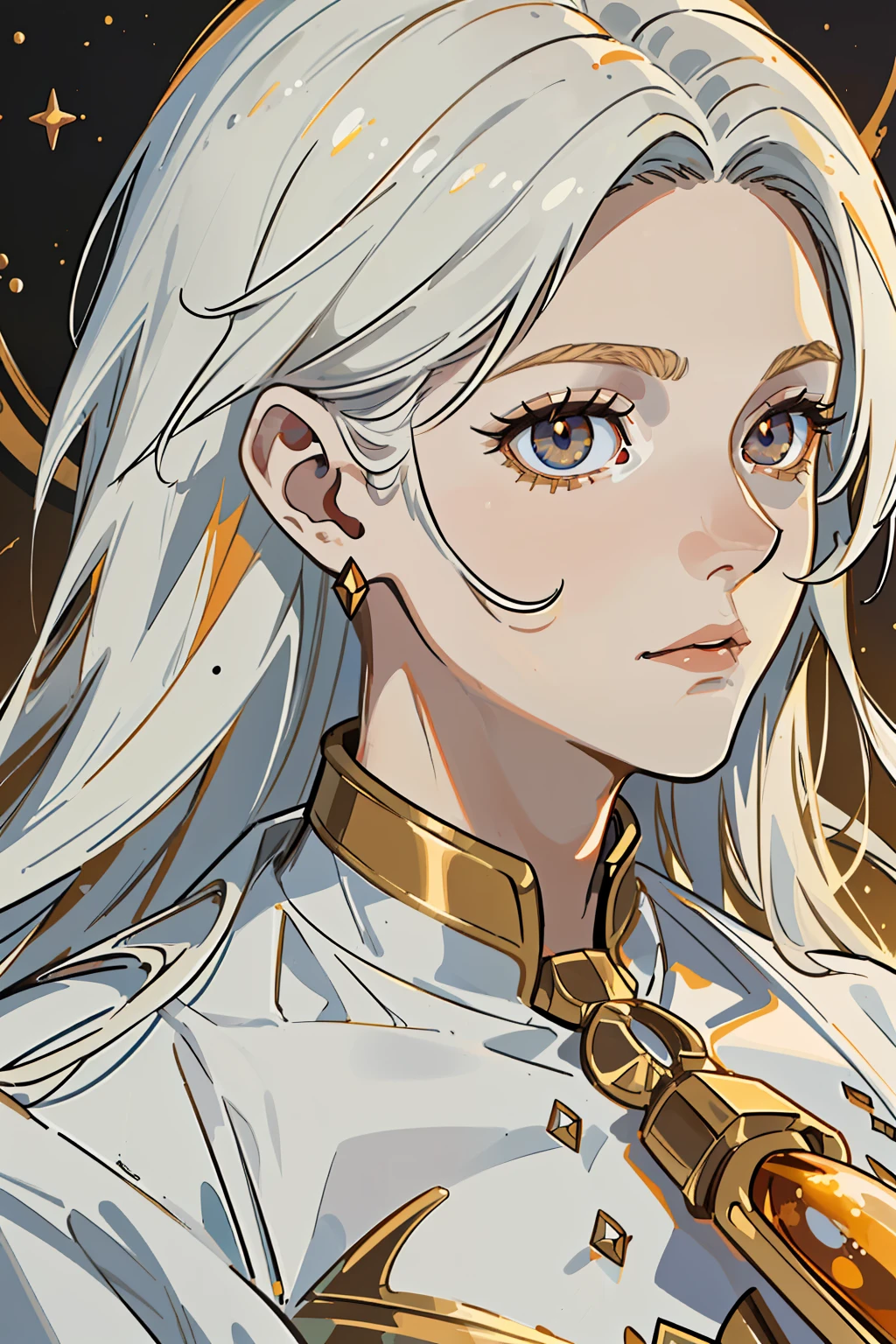 Young guy, Thin body, scientist. white colored hair, Average length, tousled hair. Amber-colored eyes. The golden glow of the eyes.  pale skin, Skin like a dead man's. sharp facial features, Without bristles. pronounced cheekbones. Conducts experiments in the laboratory. Dark fentezi. Detailed background, Detailed image, Detail Eyes.