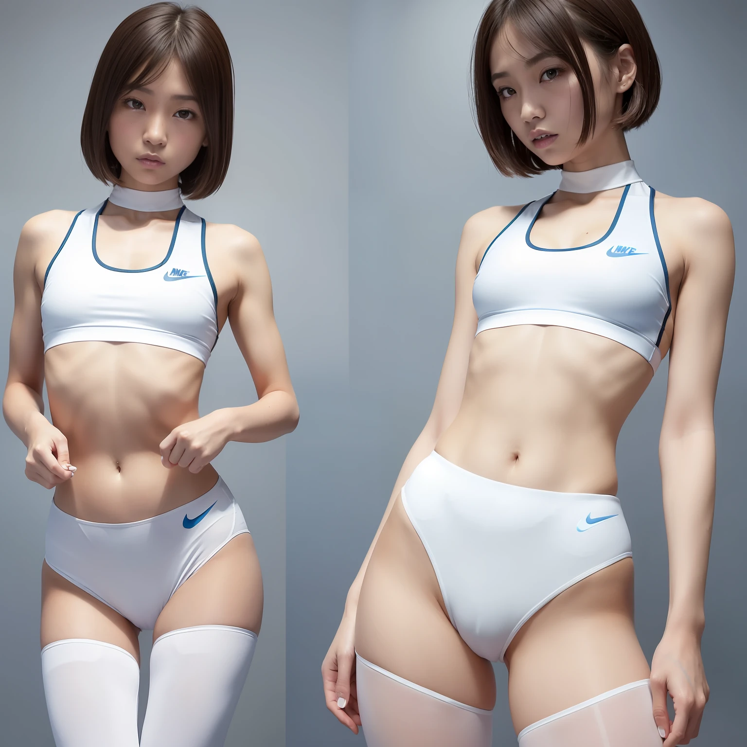 (Solo), (a detailed full-body RAW photo of a girl), (masutepiece:1.0), (Best Quality:1.4), (超A high resolution:1.2), (Photorealistic:1.4), 8K resolution, Canon EOS R5, 50 millimeters, absurderes, ultra-detailliert, (40yo), back focus, Cinematic lighting, Detailed beautiful face, (no-makeup:1.2), (ulzzang -6500-v1.1), petite figure, Detailed skin texture, (flat chest:1.4), (skinny and fit body:1.6), Detailed brown hair, sweltering,(Very short hair:1.5), See Through wear, (Blue and White Nike Wet Thin Competition Athletic Wear sports tights:1.5), More transparent, low rise, realistic glistening skin, Detailed texture, (erect nipples:1.5), dynamic pose, (:0.2), Very small, (eimi fukada:0.7), Cameltoe, well-developed abs, bikini tan,