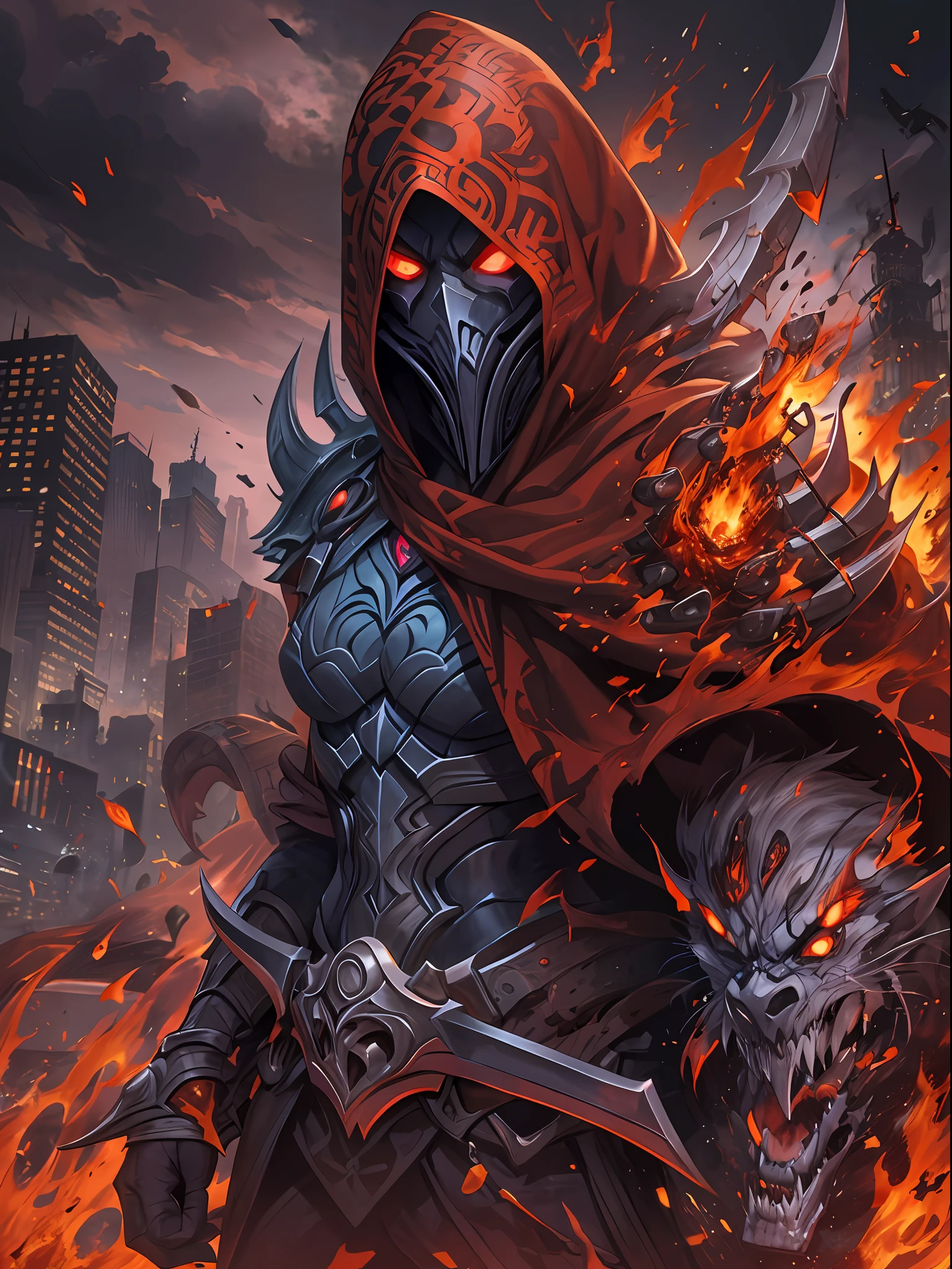 Hombre grande,marcas y simbolos por el cuerpo,pelo largo y  lanco,capucha roja,Espada gigante de almas en pena,oscuro,almas,guantes demoniacos,armadura masiba,armadura de almas en pena,demonio, Fuego, caballo infernal de fuego y lava,ojos rojos,ojos azules brillante, infierno, apocalyptic,fin del mundo, Lado oscuro,ruina, guerra, Darksiders , ERA (Darksiders), obra dearte,guerrero,enviado del infierno,Horseman of the Apocalypse,muerte,sangre,destruccion,hambre,lucha,furia,ciudad debastada,edificios en ruinas,calles destruidas,pobo y particulas en el aire