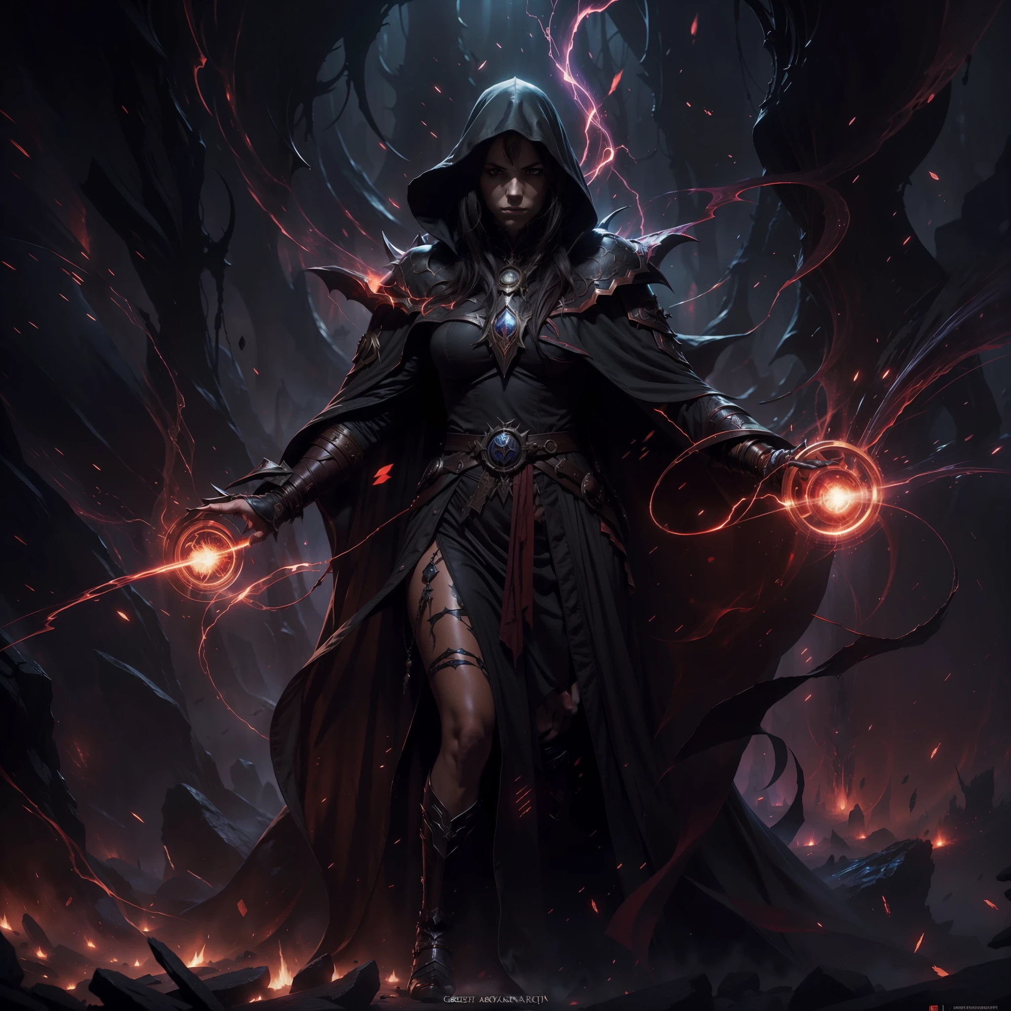 breathtaking concept art ((legendary dark mage lord)), black coat. (cave scenery), dark atmosphere, (vibrant colors), ((red sparks coming from the eyes)), eyecatching, mysterious and scary, dark fog, cave light, hd, 8k, masterpiece, trending on artstation, (depth of field), lot of details, highly detailed, style of Greg Rutkowski and Bastien Lecouffe-Deharme, award-winning, professional, highly detailed,large breasts