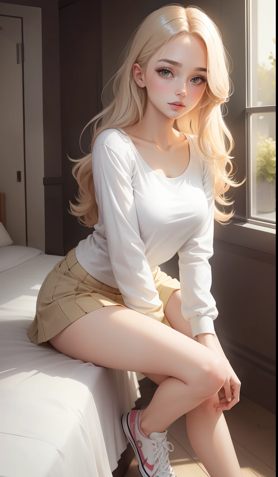 a woman in a casual clothing, white long sleeve T-shirt and circle skirt ,converse shoes, 17 years old, adult face, shoulder length slightly wavy hair, ((champagne coloured hair)) and gleaming detailed vibrant hazel eyes, slim frame, medium breasts, long legs, beautiful face, medium butt size, small feet size, small hand size, perfect hands, scary face, beautiful face, pretty face, hot woman, British woman, cream skin, small soft pink lips , small to medium breast size, sharp features, slim hourglass figure, ashen hair