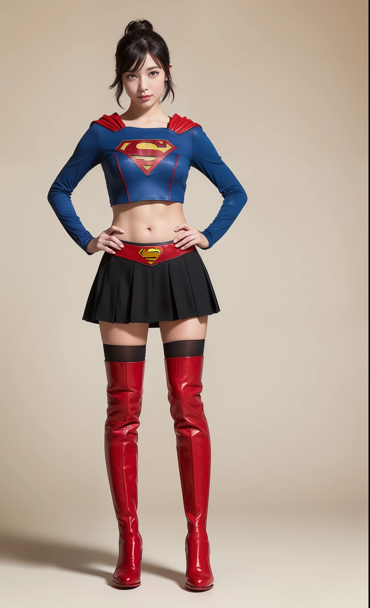 Supergirl Costume、super girl、Bishoujo Warrior、Body line enhancement、8K、top-quality、Real Image、intricate detailes、ultra-detailliert、超A high resolution、Depth Field、(Photorealsitic、realisitic:1.2)、masterpiece、a photo of 1girl、super girl、((Use the original image))、((Wearing black stockings、Wear red boots))、Short-cut hairstyles、((Draw the fingers of the hand in detail))
