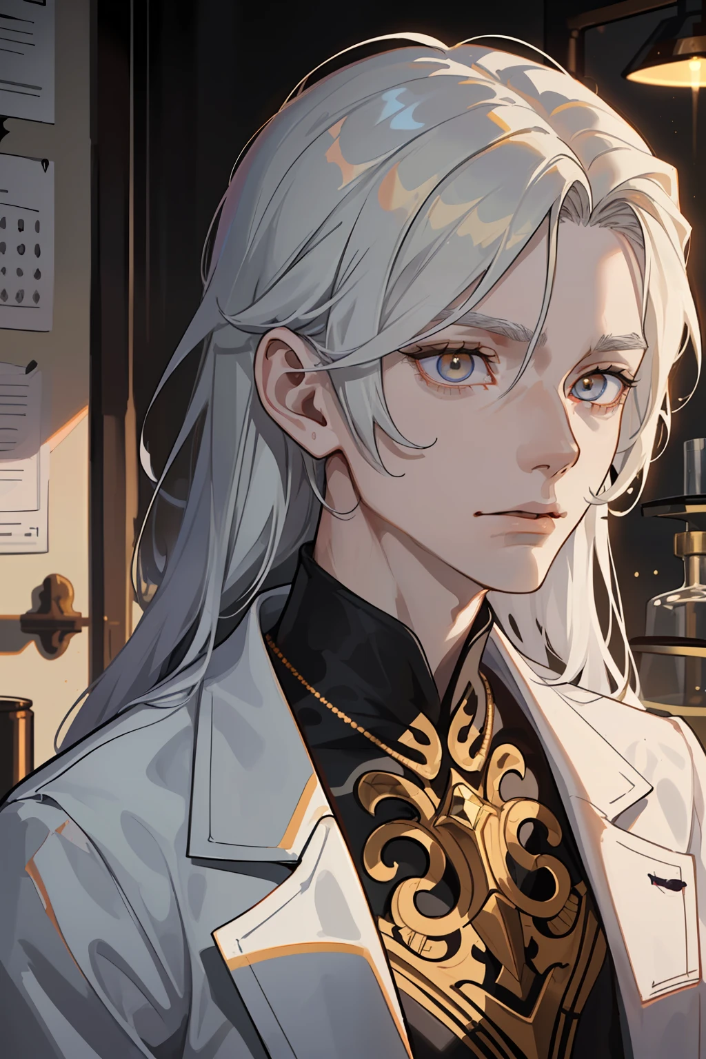 Young guy, Thin body, scientist. white colored hair, Average length, tousled hair. Amber-colored eyes. The golden glow of the eyes. pale skin, Skin like a dead man's. sharp facial features, Without bristles. pronounced cheekbones. Conducts experiments in the laboratory. Dark fentezi. Detailed background, Detailed image, Detail Eyes.