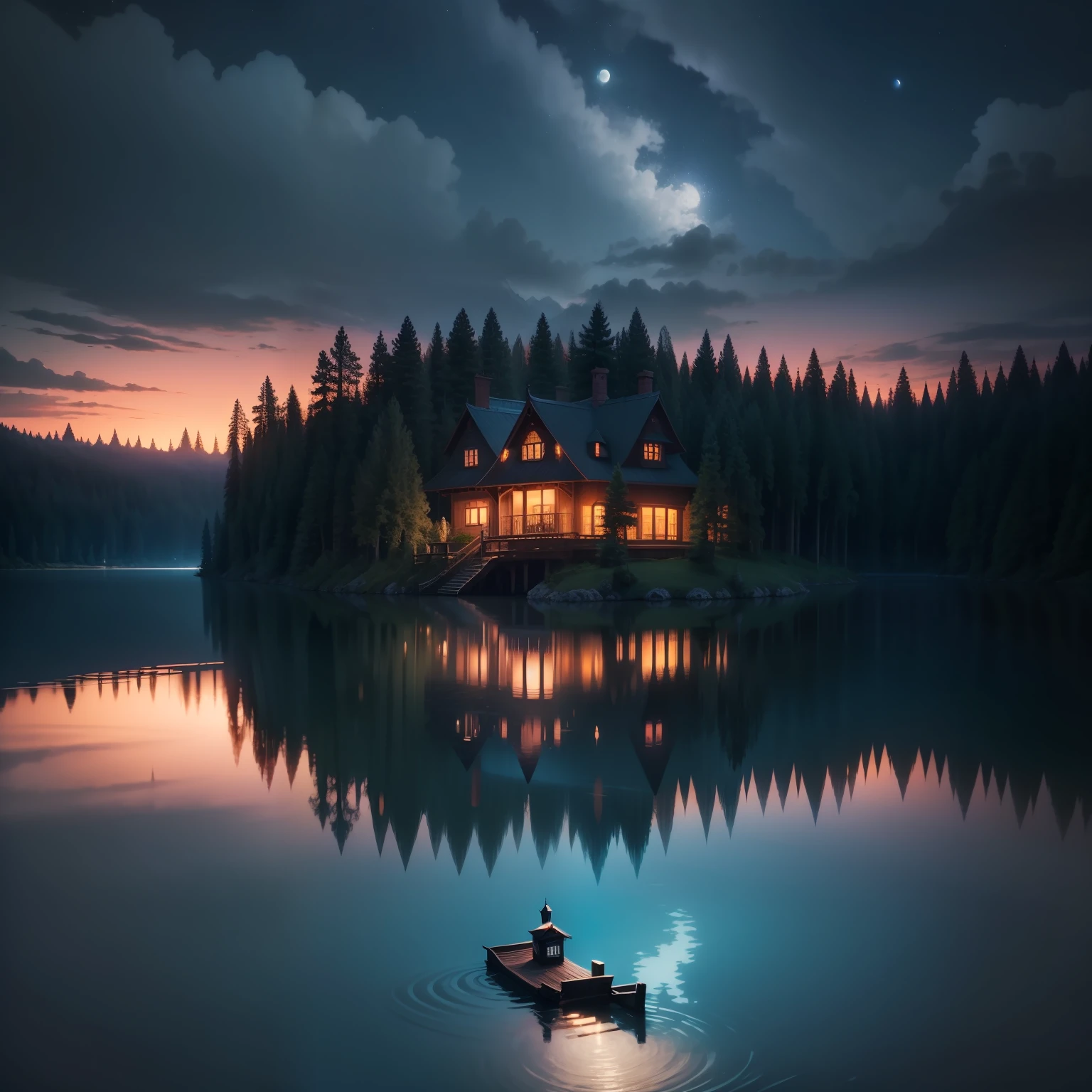 Beautiful magical night a very beautiful lake surrounded by the woods with a house in the middle of the lake made in the tree lots of light beautiful night realistic photo best quality masterpiece 4K 8k very beautiful very beautiful landscape conveys peace serenity joy relaxation night Clear moon very beautiful very beautiful best quality fantastic magical night