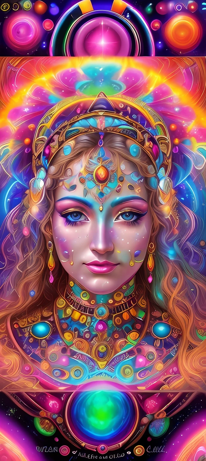 a close up of a woman with a head full of colorful lights, portrait of a cosmic goddess, cosmic goddess, psychedelic goddess, dmt goddess, a stunning portrait of a goddess, goddess of space and time, goddess portrait, goddess of galaxies, psytrance artwork, goddess close-up portrait, portrait of a beautiful goddess, goddess art, visionary art style