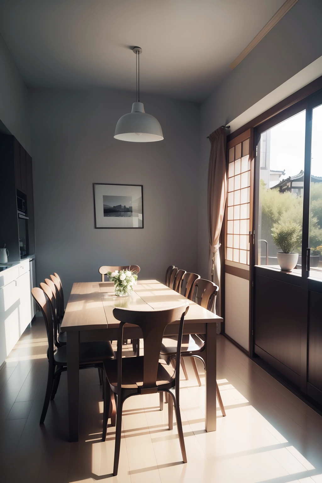 There is a dining room with a table and chairs, inspirado em David Chipperfield, award winning render, Archviz, renderizado em corona, Directed by: David Chipperfield, architectural visualisation, high render, detailed archviz render, stunning render, realistic physics rendering, high-quality render, award winning render, bright render, Casa Japonesa