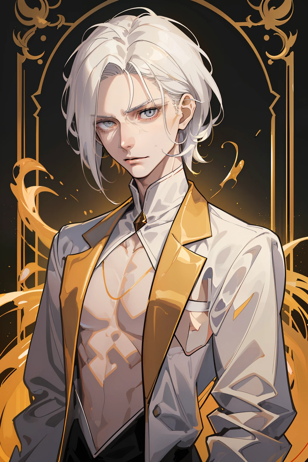 Young guy, Thin body, scientist. white colored hair, Average length, tousled hair. Amber-colored eyes. The golden glow of the eyes. pale skin, Skin like a dead man's. sharp facial features, Without bristles. pronounced cheekbones. Conducts experiments in the laboratory. Dark fentezi. Detailed background, Detailed image, Detail Eyes.