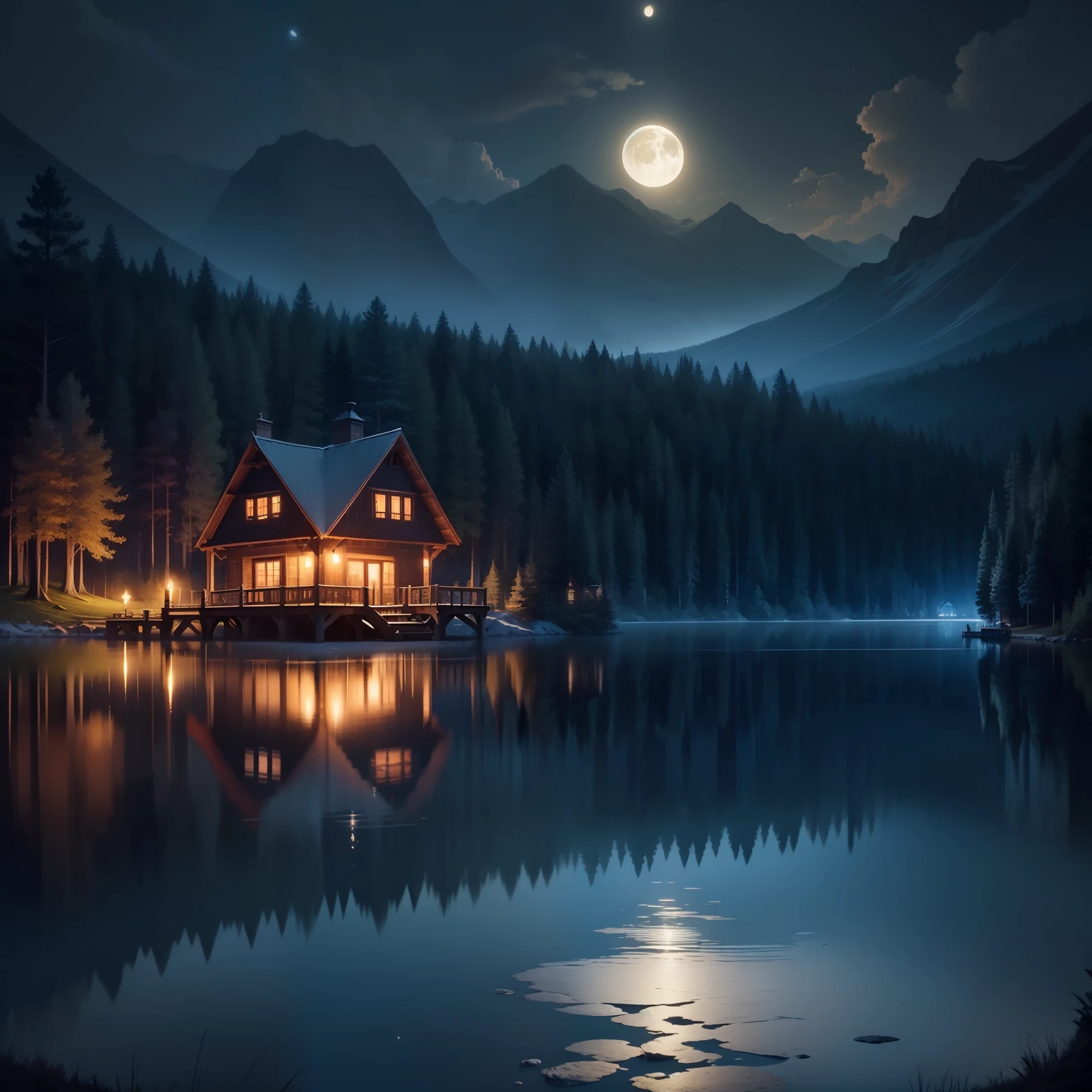 Beautiful magical night a very beautiful lake surrounded by the woods with a house in the middle of the lake made in the tree lots of light beautiful night realistic photo best quality masterpiece 4K 8k very beautiful very beautiful landscape conveys peace serenity joy relaxation night Clear moon very beautiful very beautiful best quality fantastic magical night