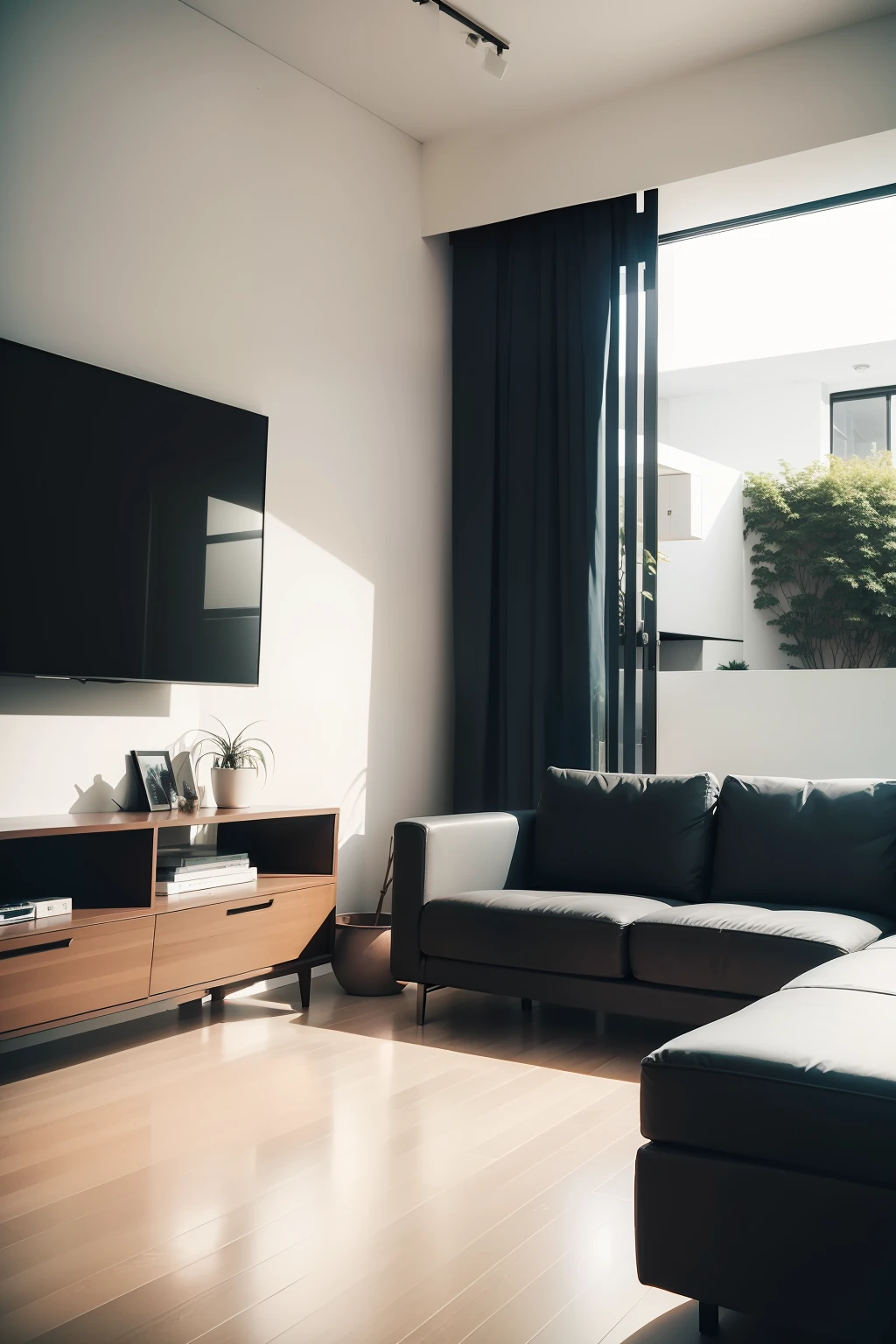 arafed living room with a couch, mesa, e cadeiras, Terra Neutra Moderna, design de apartamentos, inspirado em David Chipperfield, award winning render, interiores quentes, detalhes em madeira, Sala de estar japonesa moderna, moderno e minimalista, neotradicional moderno minimalista, tons terrosos sutis, Sala de estar, esquema de cores bege, design de interiores minimalista, dentro de um apartamento moderno