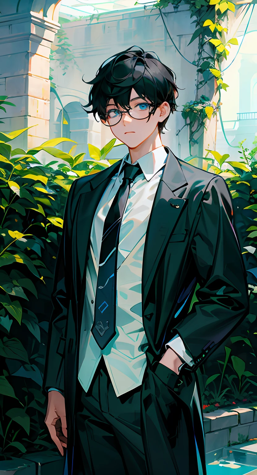 filigree，（Most Best Illustration），best qualtiy，ultra - detailed，best illuminate，Best shadow，hyper HD,，（（（High cold and domineering president））），，（Glowing blue eyes）， ((Eyes have light))，((((Black color hair)))，（Three and seven points of hair），((In black suit))，（Unpatterned blue tie），\\ （（White color blouse））\\，\\（（wears glasses））），Complicated details，Background garden villa，