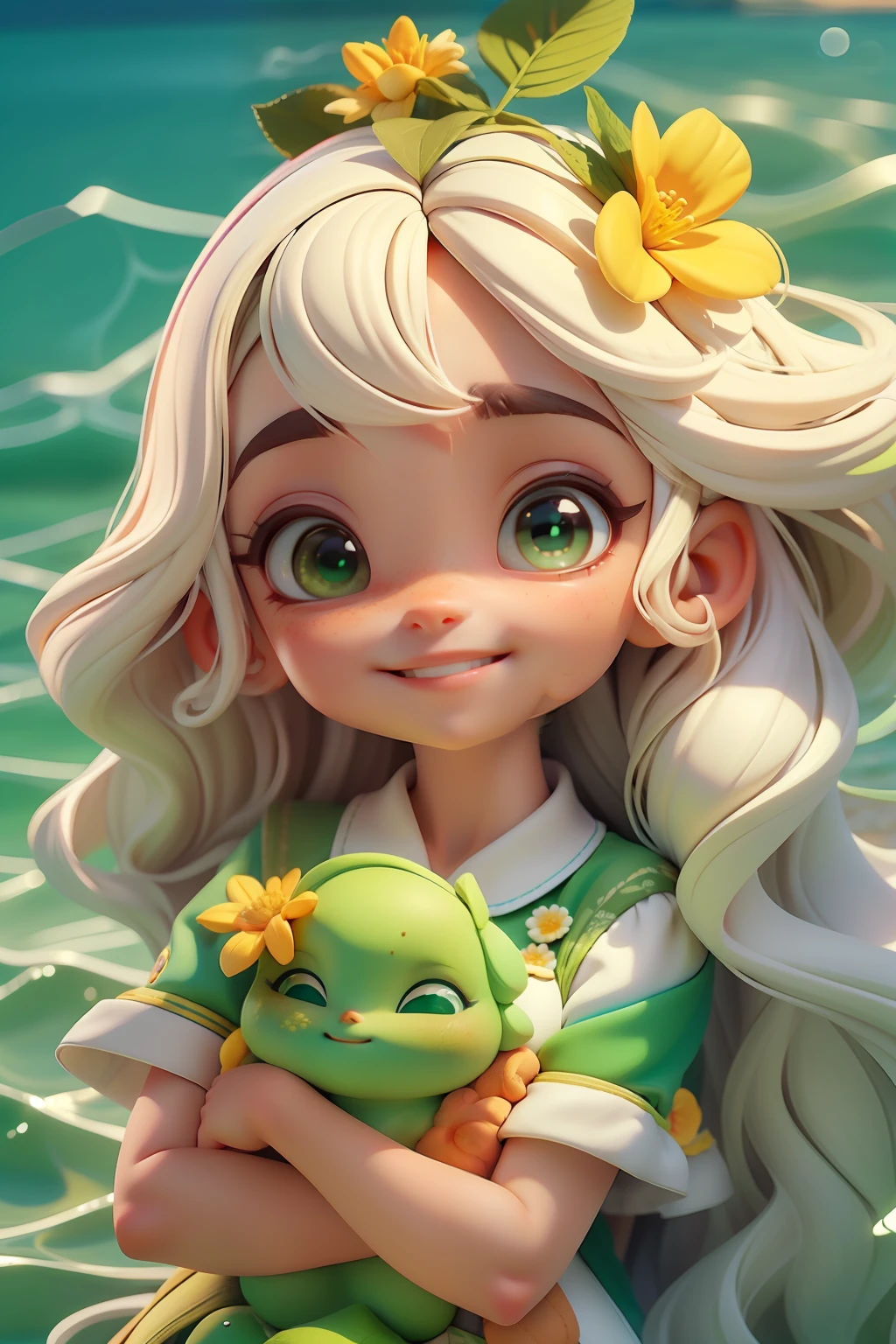 Menina dos olhos verdes, pele clara, cabelos longos castanhos, sorriso meigo, bolhas subaquaticas, flores e brisa do mar,sol radiante