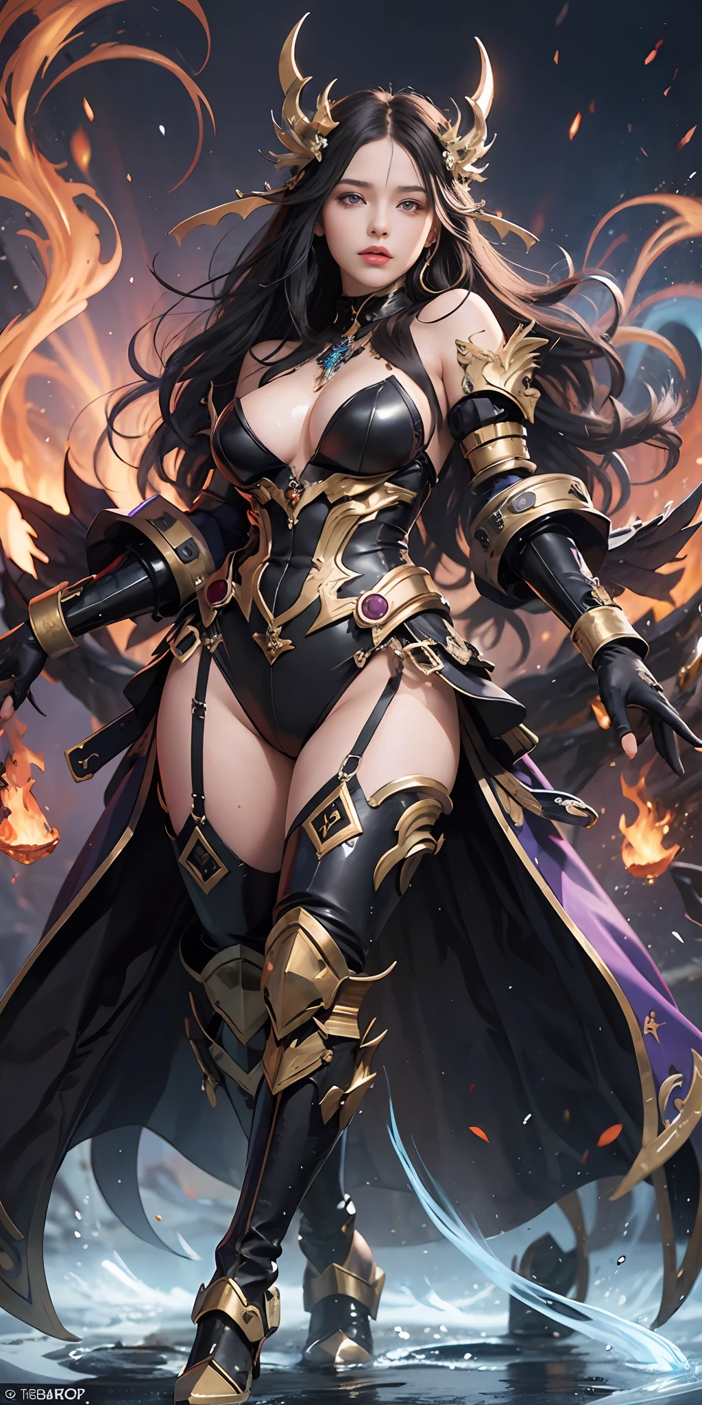 A woman of peerless style，Delicate facial features，Black hair midpoint，Long hair and waist，long eyelasher，Dark brown pupils，Beautiful nose，lip balm，intricately linked，Beautiful posture，Beautiful curves，Plump ideal type，Super exaggerated huge chest weight，boldness，ellegance，Extravagant artistic acts，romanticism lain，blasts，Smoke flow，red flames，Blue Flame，Purple flame，The demon king of the mixed world，mechs，Machinary，gear wheel，pipelines，Mixed color line