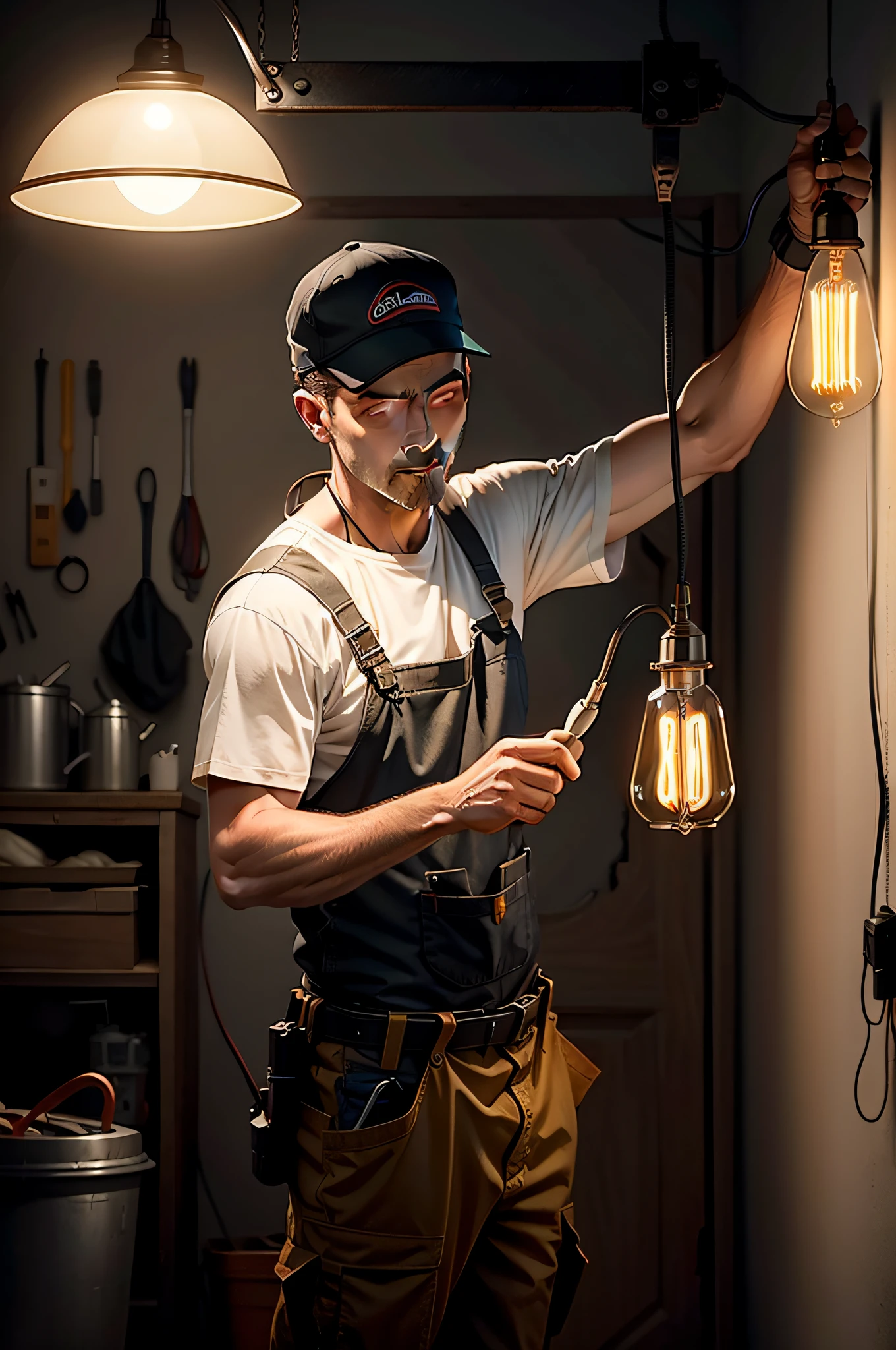 Generate an image that shows a professional electrician repairing a hanging lamp. Make sure the scene highlights the process of replacing the burned bulb with a new one, with a focus on safety and proper installation steps."