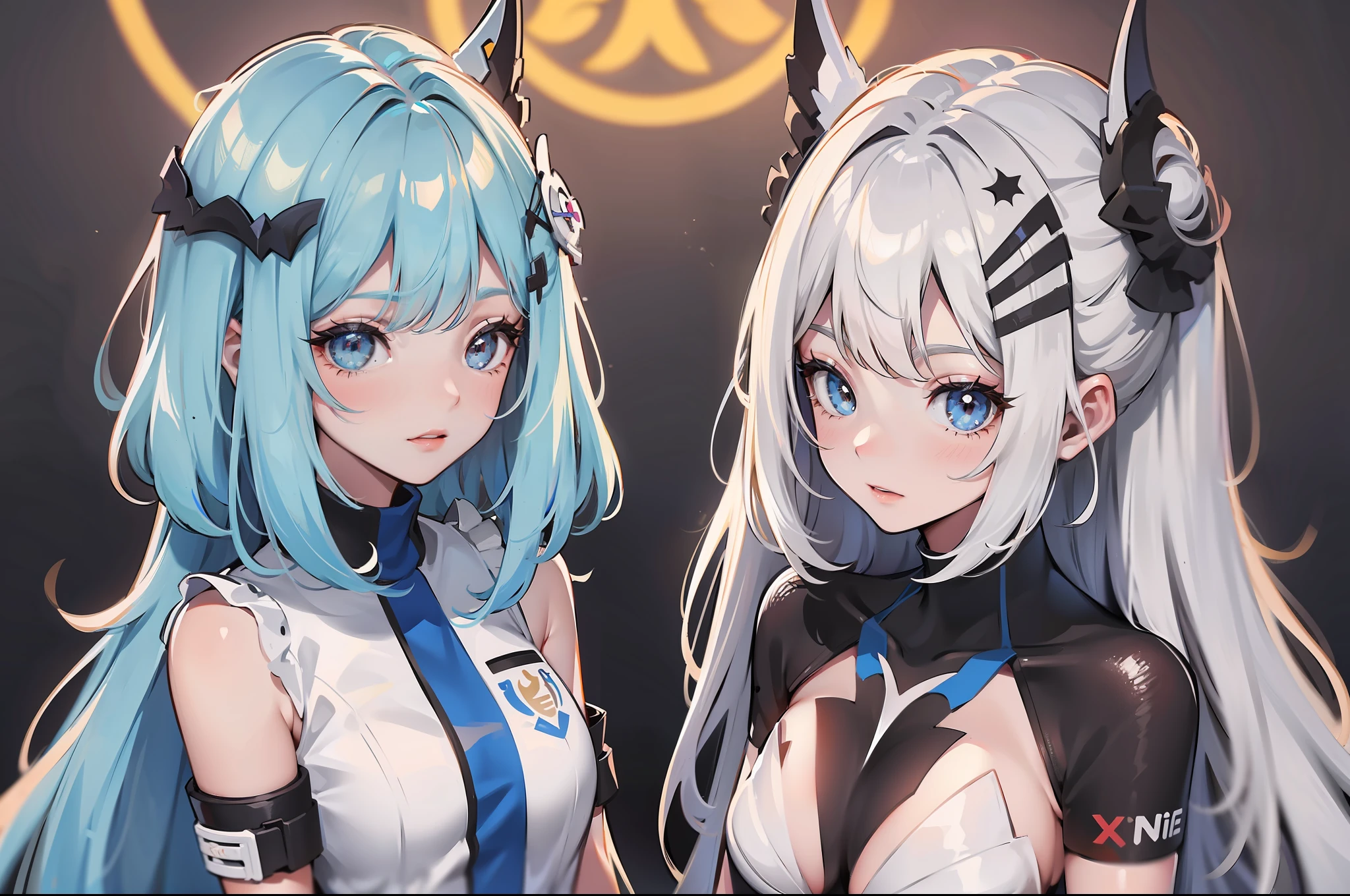 primer plano. Una foto de dos gladiadoras muy bellas y atractivas, usando varias piezas de armadura y levantando los brazos con el arma hacia arriba ((best quality))