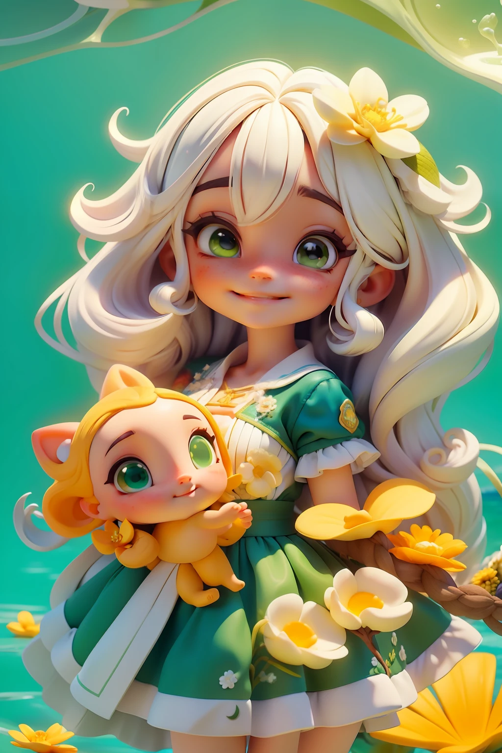 Menina dos olhos verdes, pele clara, cabelos longos castanhos, sorriso meigo, bolhas subaquaticas, flores e brisa do mar,sol radiante