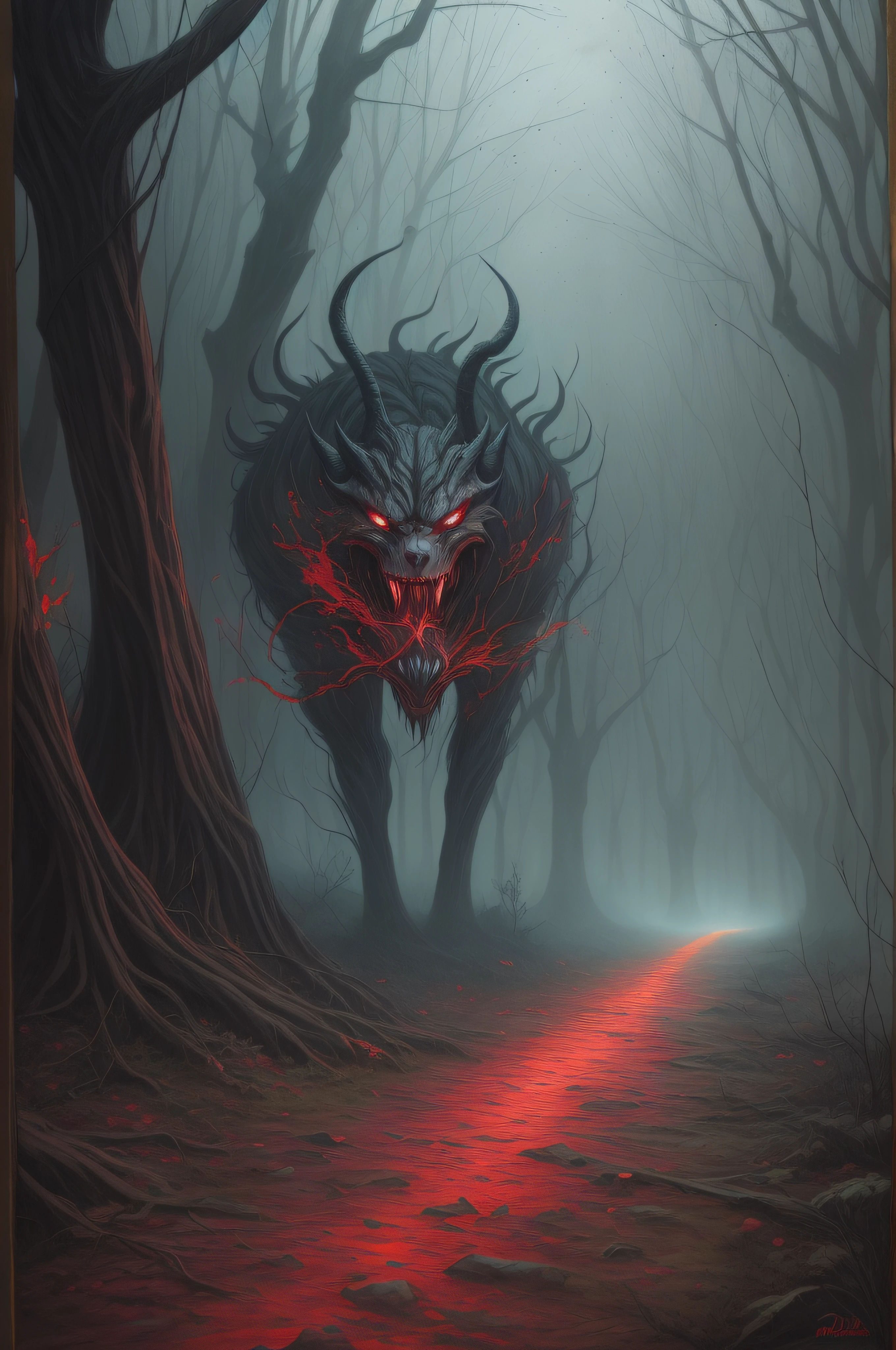 The bleak painting pulls you into a scene of madness and horror. A crumbling path cuts through a forest of grasping, twisted trees that seem to lean toward you, threatening to break free of the canvas. Dark shapes dart through the underbrush, creeping closer with each frantic beat of your heart. The gloaming shadows come alive with monstrous forms lurking just out of sight, waiting for the last of the light to fade before they descend.
At the center of the painting, a wretched creature fixates on you with wild, unblinking eyes. Dark stains cover the tattered sack and branch it carries over its hunched form, the contents too horrifying to comprehend. Foul wisps of darkness swirl around it as it limps along the cracking stones, muttering ancient words that crawl into your mind.
You want to run from this terrible vision, but some malevolent force holds you transfixed. The creature draws nearer as the creatures in the shadows prepare to spring. You open your mouth to scream but no sound comes out.
Then, across the bottom of the painting, a twisted figure bursts forth in a gruesome display. Their mouth is open in a silent howl, arms contorted in front of them. Bright red paint splatters the scene as if the figure was slammed against the inside of the painting in their moment of terror. The vivid crimson splashes across the crumbling path just before your feet, a dark promise of your fate should you linger too long in this cursed place.
You tear your gaze away at last, your heartbeat pounding in your ears. The painted horror lingers in your mind as you desperately put as much distance between you and the grotesque vision as possible. But you can still feel eyes on you from the shadowed depths of the cursed painting. Somewhere, something stirs, waiting for you to return.