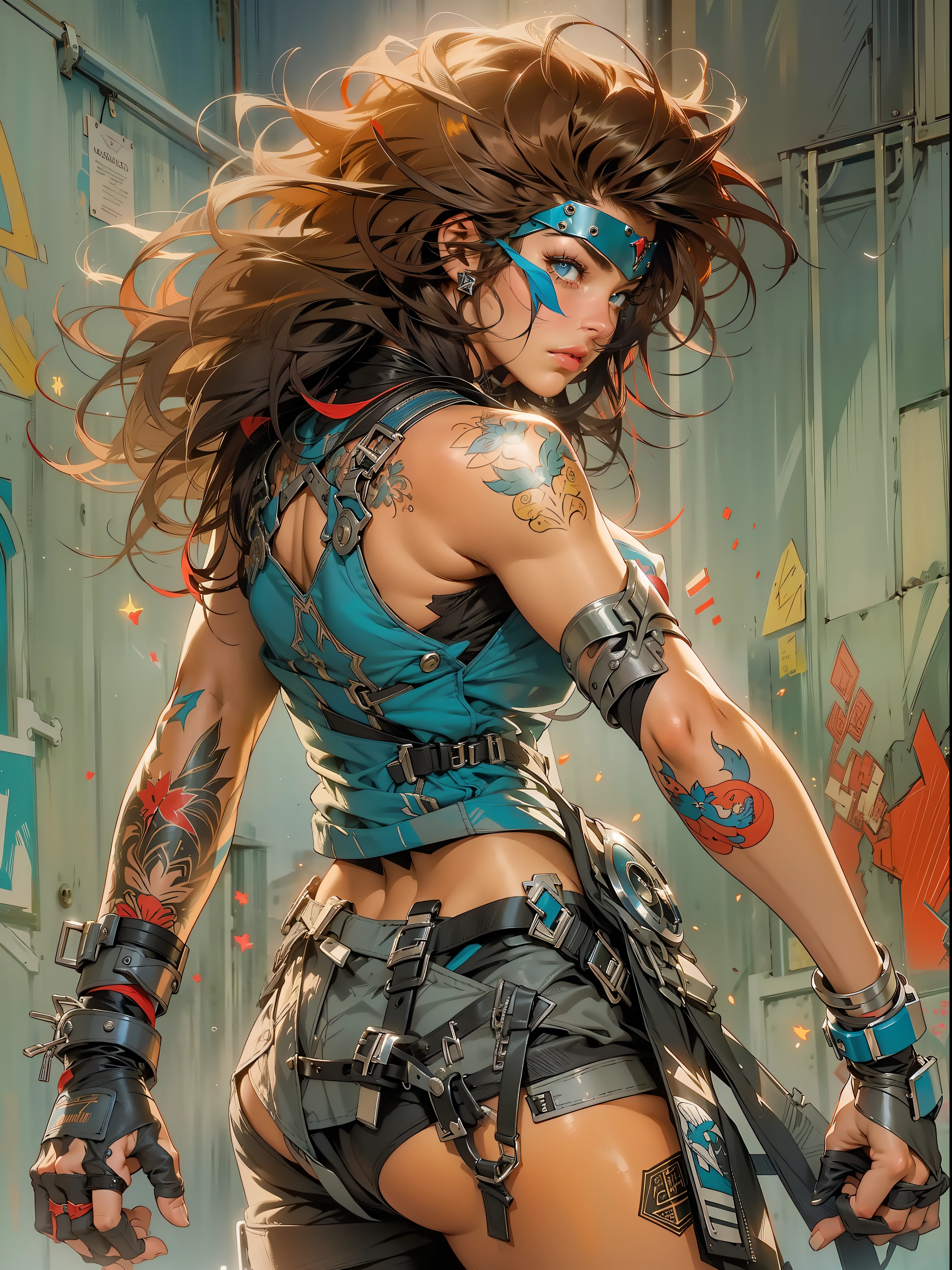 (((mulher))), (((melhor qualidade))), (((obra prima))), (((adulta))), Uma guerreira mulher de 35 anos com corpo perfeito, Brooklyn Gladiators, hand with steel gloves and metal tips, (( under boobs )), quase nua no estilo selvagem urbano de Simon Bisley para a capa da revista Heavy Metal, bionic hand, cabelo moicano colorido, Minimum clothing, armadura (azul escuro com estrelas brancas e vermelho com listras brancas), cheio de pontas e rebites manchadas de tinta, tatuagem de estrelas de 5 pontas, (((corpo inteiro))), cabelo preto curto com franja branca cobrindo a testa