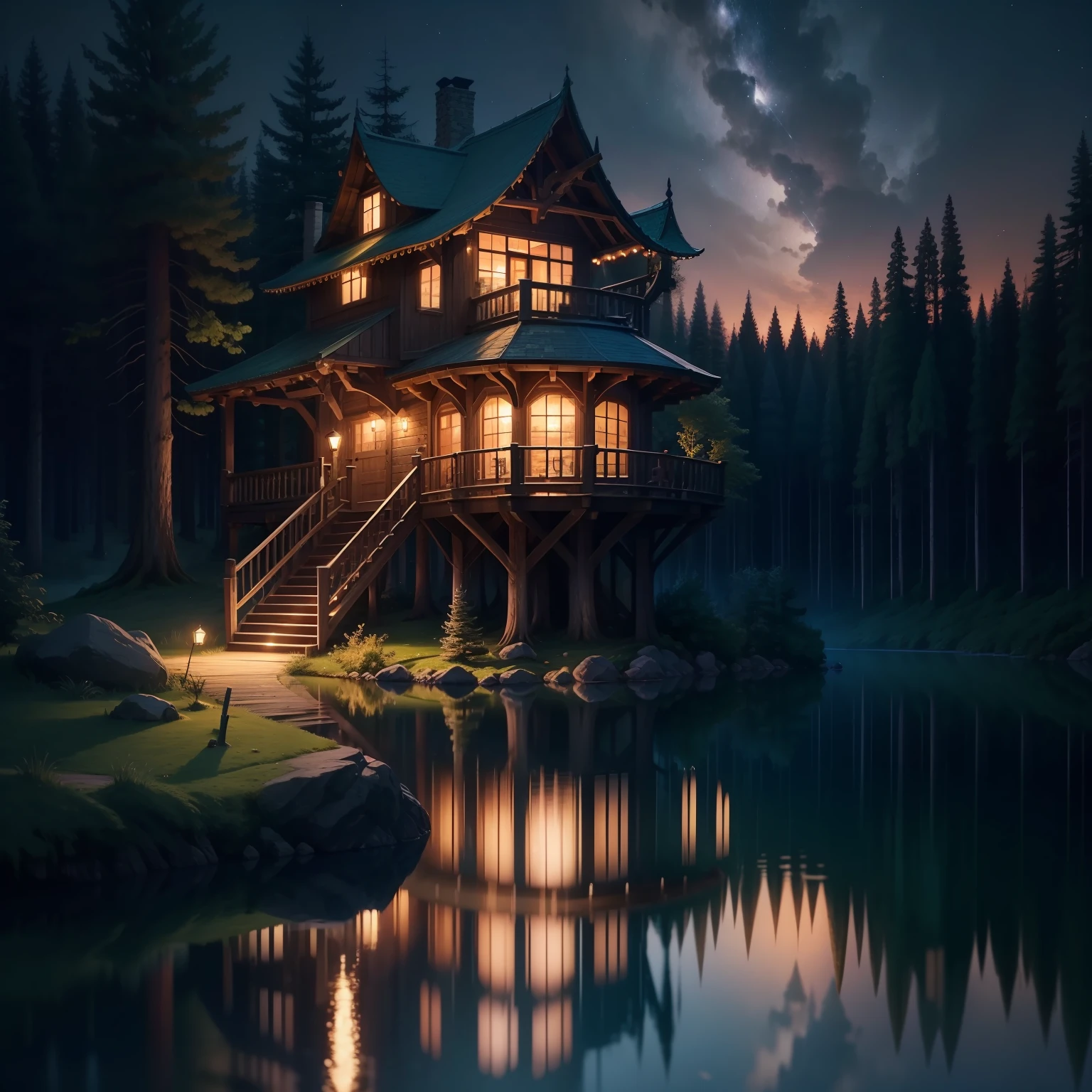 Treehouse on the night beautiful magic lots of light lots of beauty night Clara lu illuminating a lake treehouse in the middle of the lake night beautiful night magic I'm realistic photo realistic best quality 4K 8k masterpiece a lot of beauty a lot of brightness a lot of clarity forest clearing tall trees around the lake treehouse in the middle of the lake a lot of beauty a lot of beauty a lot of light very beautiful magic night