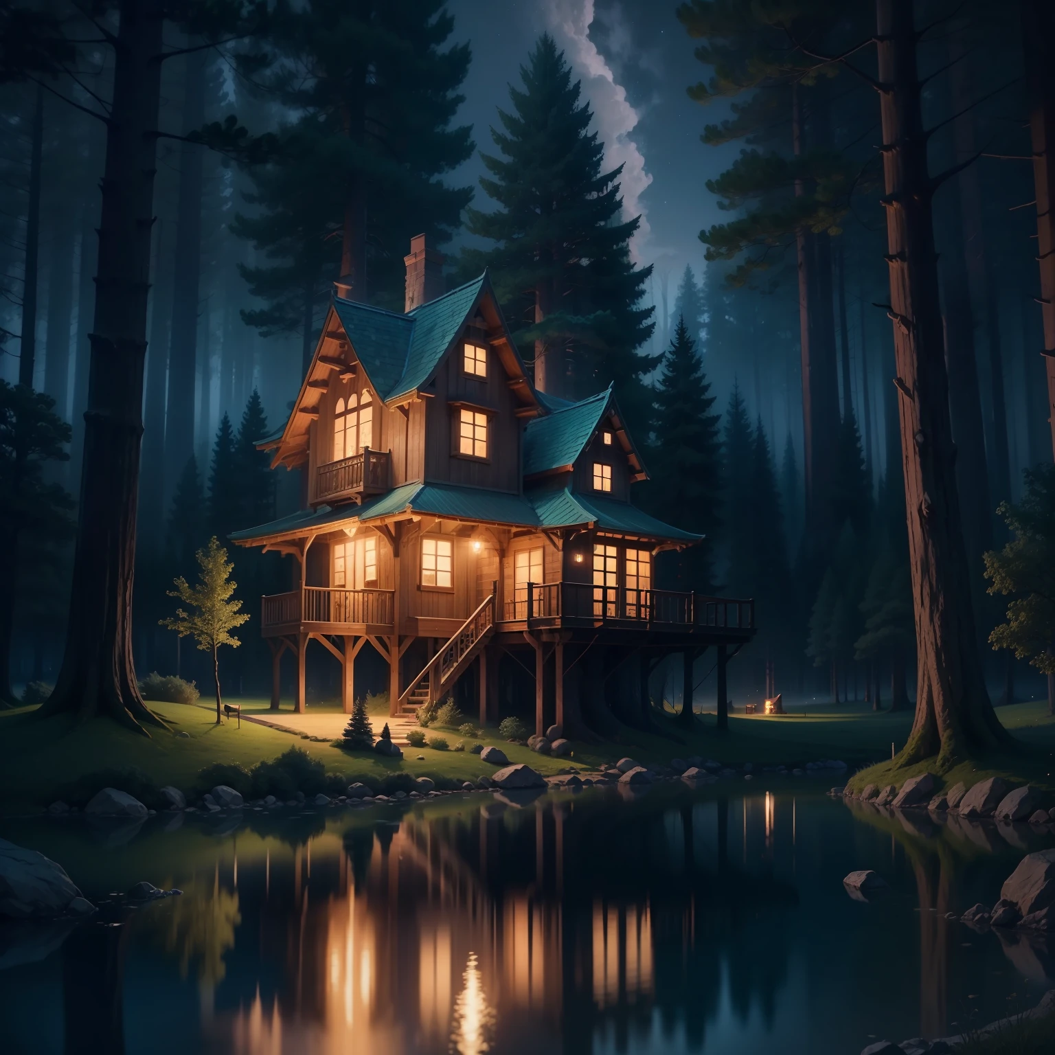 Treehouse on the night beautiful magic lots of light lots of beauty night Clara lu illuminating a lake treehouse in the middle of the lake night beautiful night magic I'm realistic photo realistic best quality 4K 8k masterpiece a lot of beauty a lot of brightness a lot of clarity forest clearing tall trees around the lake treehouse in the middle of the lake a lot of beauty a lot of beauty a lot of light very beautiful magic night