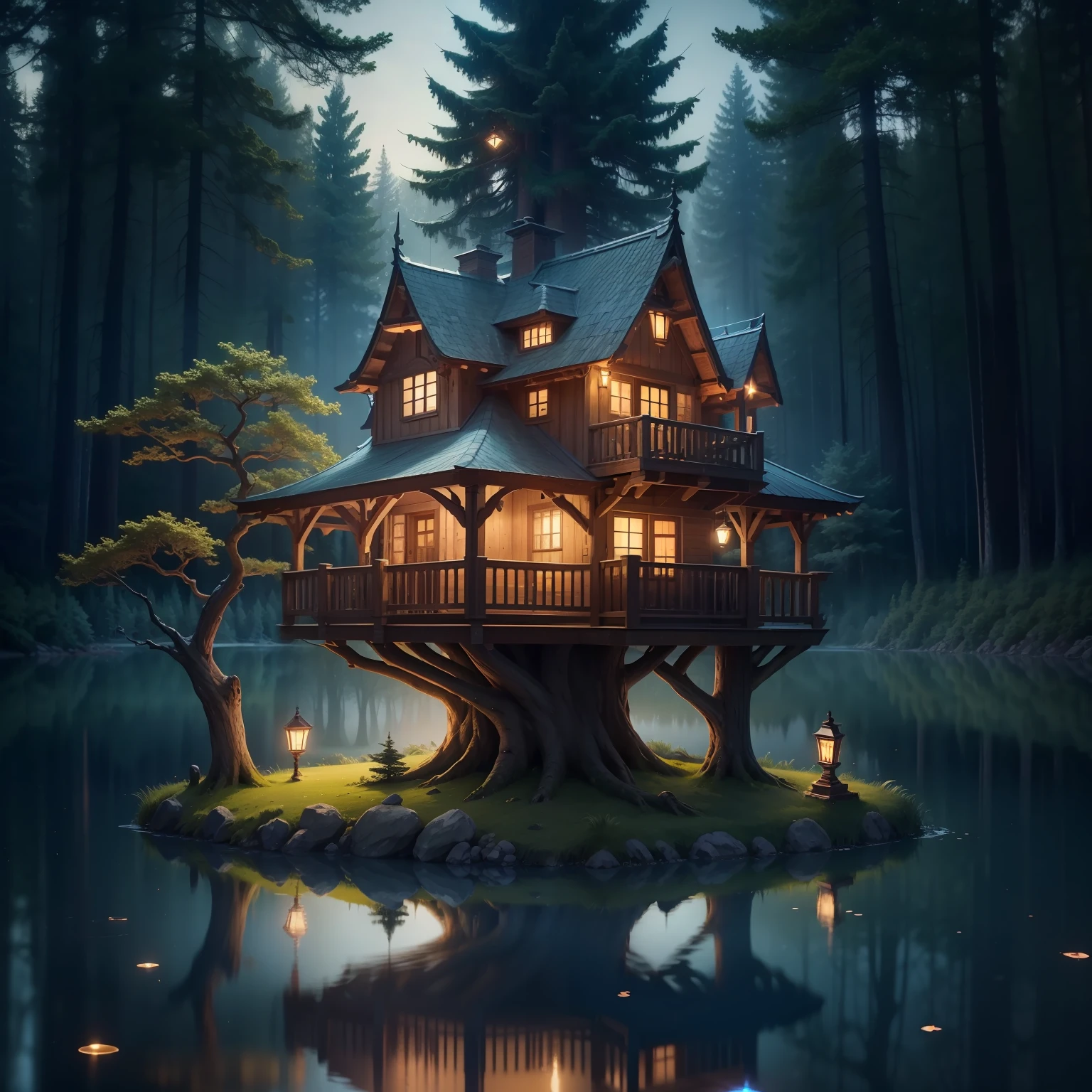 Treehouse on the night beautiful magic lots of light lots of beauty night Clara lu illuminating a lake treehouse in the middle of the lake night beautiful night magic I'm realistic photo realistic best quality 4K 8k masterpiece a lot of beauty a lot of brightness a lot of clarity forest clearing tall trees around the lake treehouse in the middle of the lake a lot of beauty a lot of beauty a lot of light very beautiful magic night