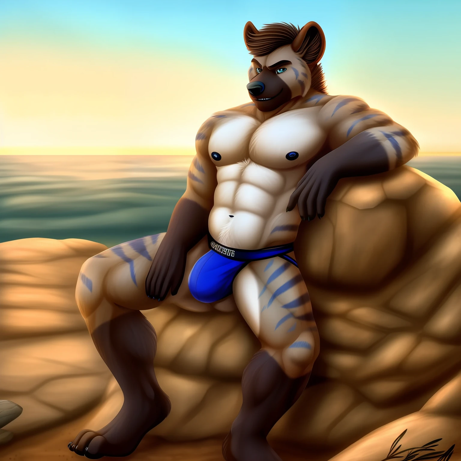 Manly, hyena, blue details, posing, snitching, bulge, jockstrap, male, fit, rock