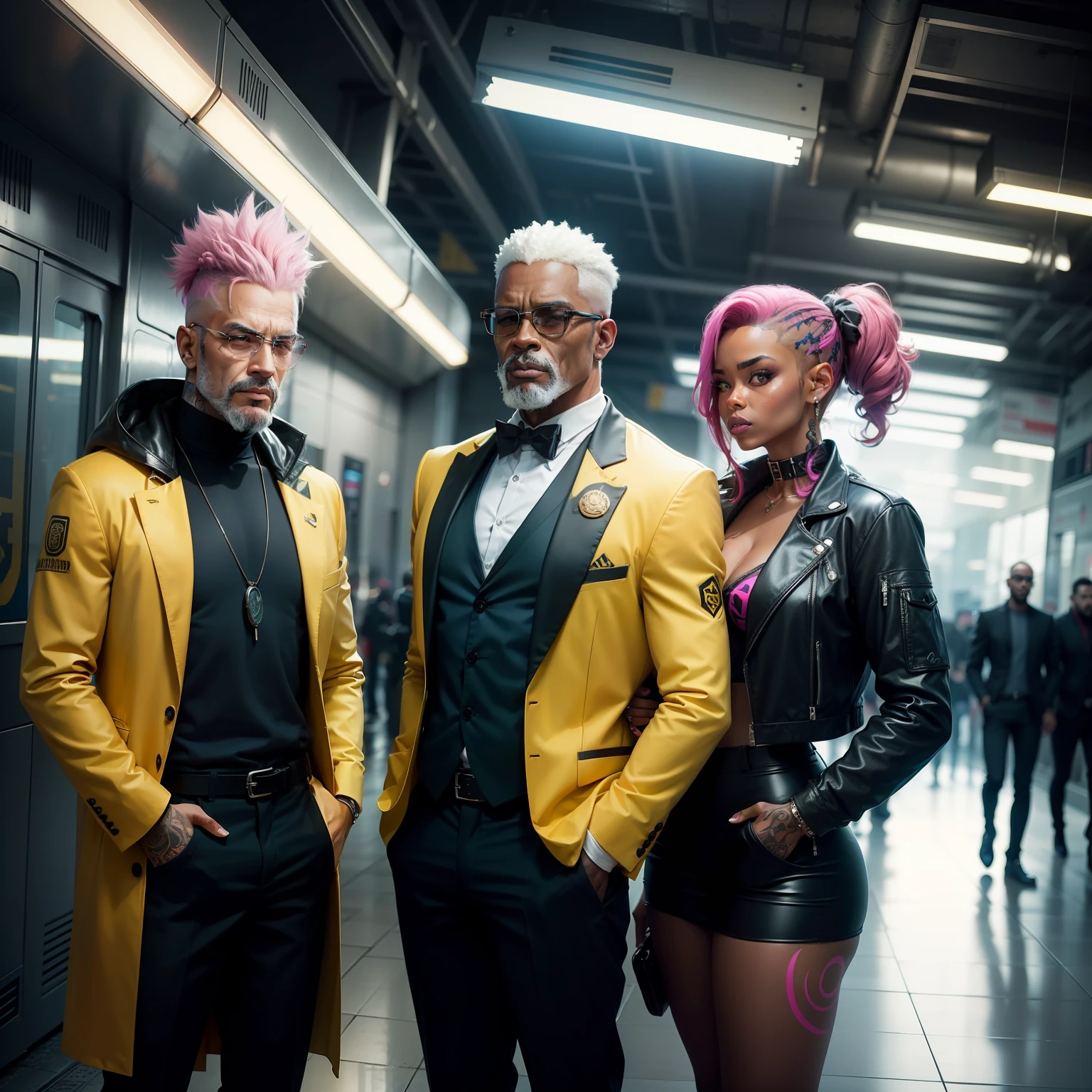 gostaria de uma imagem estilo cyberpunk em 4k de 3 personagens de mais ou menos 40 anos ,portanto,portanto,africano, forte, musculoso de pele negra ,barba grande,barba, Estiloso Barbon,com cabelo punk estilo anos 80 na cor amarelo e cinza escuro,muito eLegante,, futurista e estiloso neon , com uma tatuagem super colorida e com neon ,Toattoo, facing a metro station on the platform , with station lights failing in a dimly lit environment, standing dressed in a dark yellow suit with a pink bow tie and baggy shirt.
