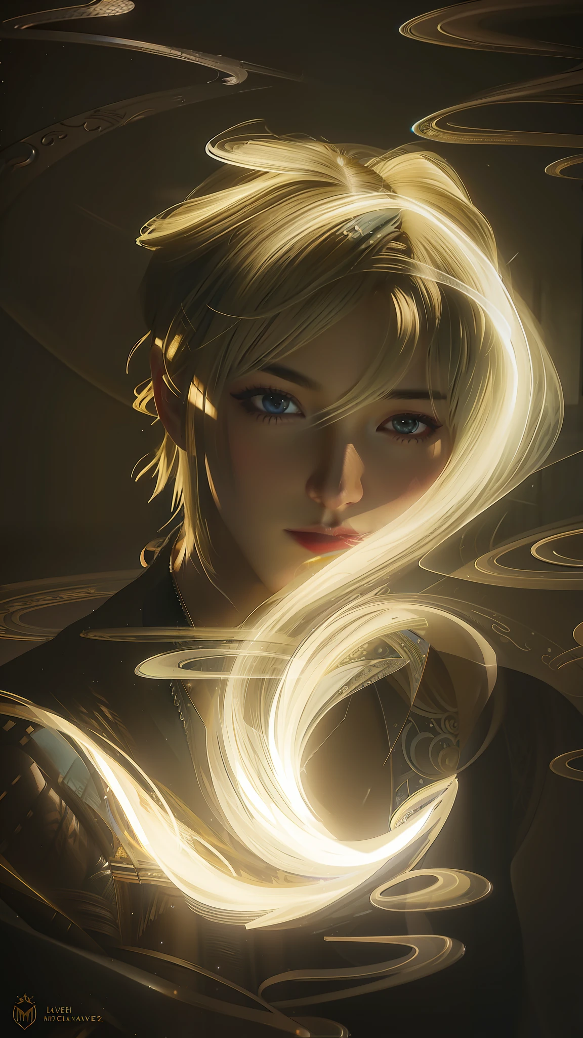 ((Masterpiece)), (Cinematic Lights), a close-up, beautifully stylized gwen_stacy illustration, with a side cut, asymmetrical blonde hair, blue eyes with incredible detail and a beautifully detailed face, parted lips, one side of a shaved head, bare shoulders, relaxing in the city, looking away, Jeremy Mann, Sandra Chevrier, Dave McKean and Richard Avidden and Maciej Cuciara, high detail, 8K, three art styles