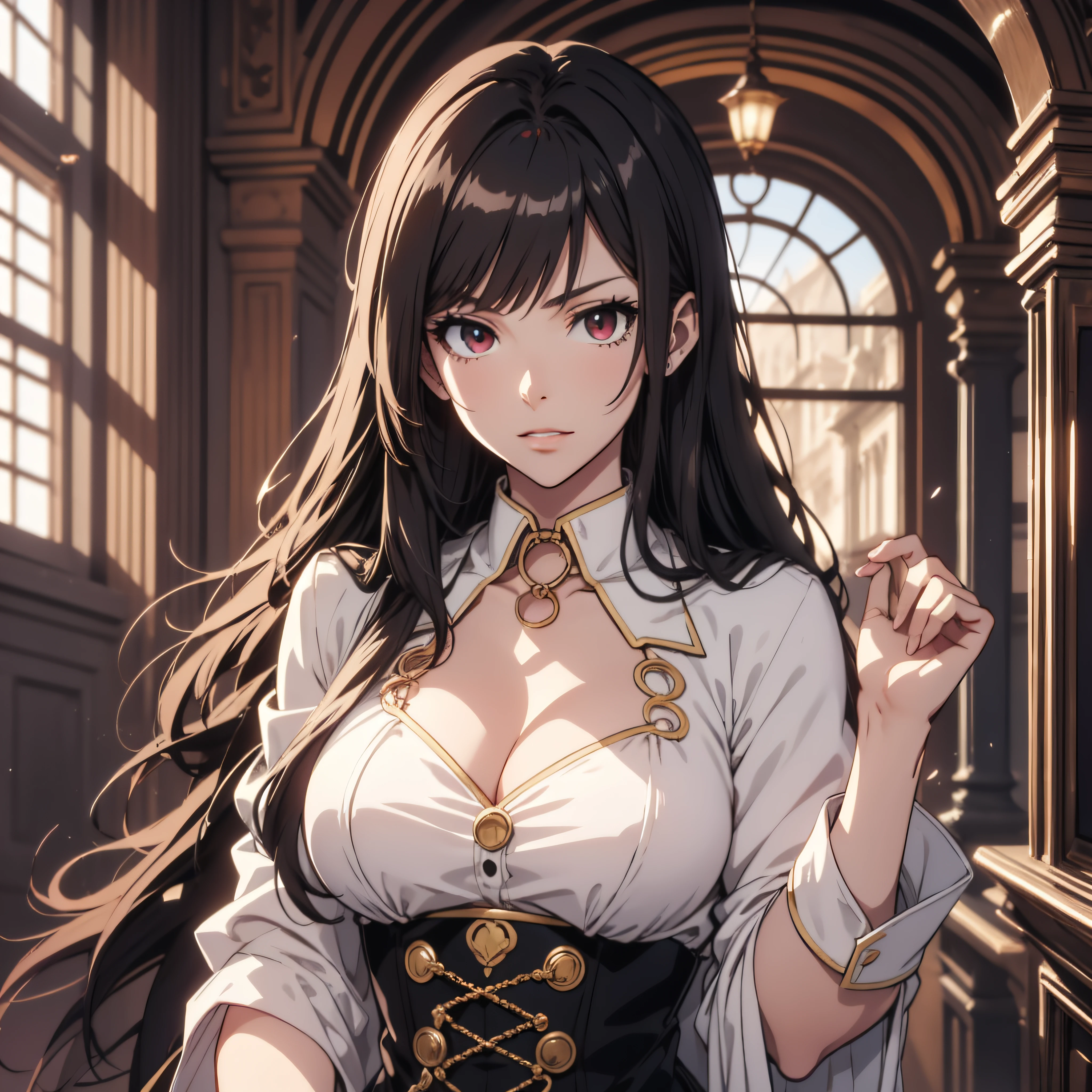 (cleavage, open top collar, medium breasts), (ultra-detailed, perfect pixel, highres, best quality), 20 years old Anime girl, smooth anime artstyle, long raven hair, slightly wavy hair, parted bangs, black hair, gradient hair color, Magus, red eyes, detailed eyes, beautiful eyes, natural lips, short black coat, white shirt, black skirt, aristocrat, noble attire, beautiful, ethereal, elegant, prestigious, royal building, royal atmosphere, classic, looking at viewer